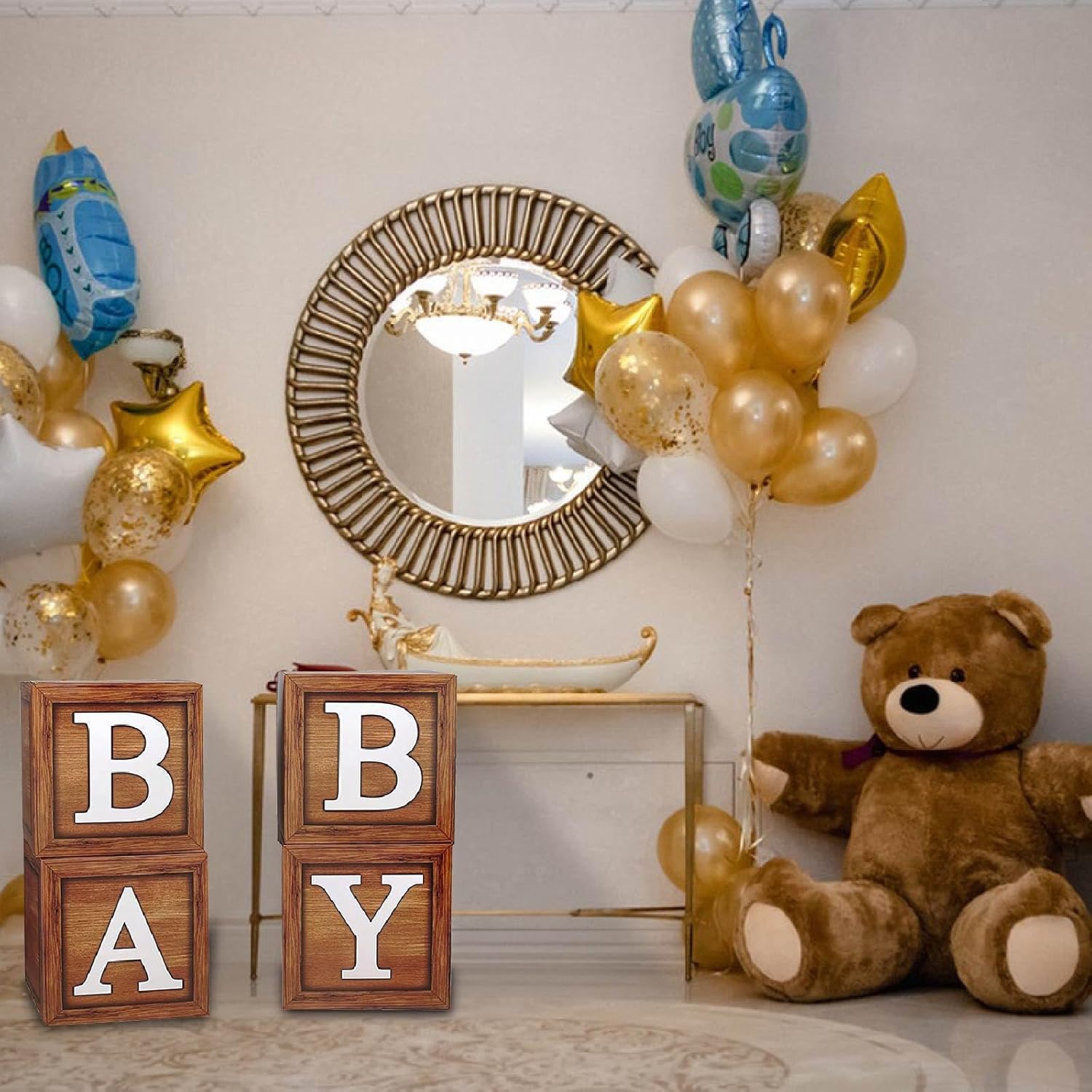 Cajas de bebé para baby shower, 4 piezas de bloques de grano de madera marrón con letras impresas de bebé para revelación de género de bebé,