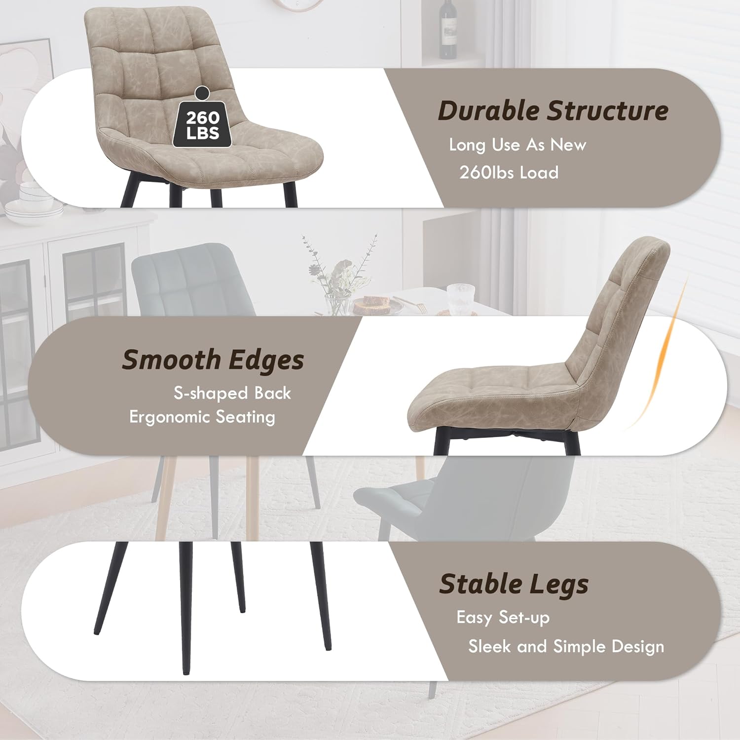 Juego de 4 sillas de comedor de piel sintética, sillas tapizadas modernas de mediados de siglo, sillas decorativas sin brazos con respaldo y patas