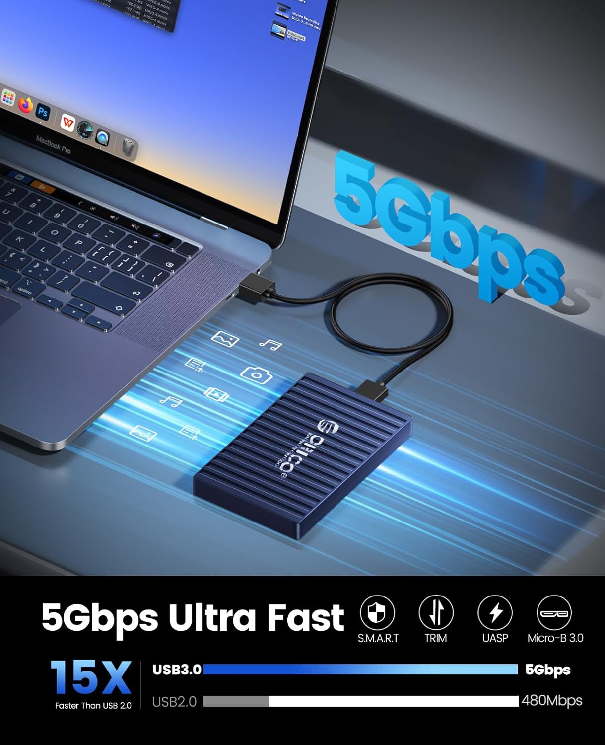 ORICO Caja de disco duro de 2.5″, caja de disco duro externo USB 3.0 de 5 Gbps sin herramientas para disco duro SATA HDD y SSD de 2.5 pulgadas,
