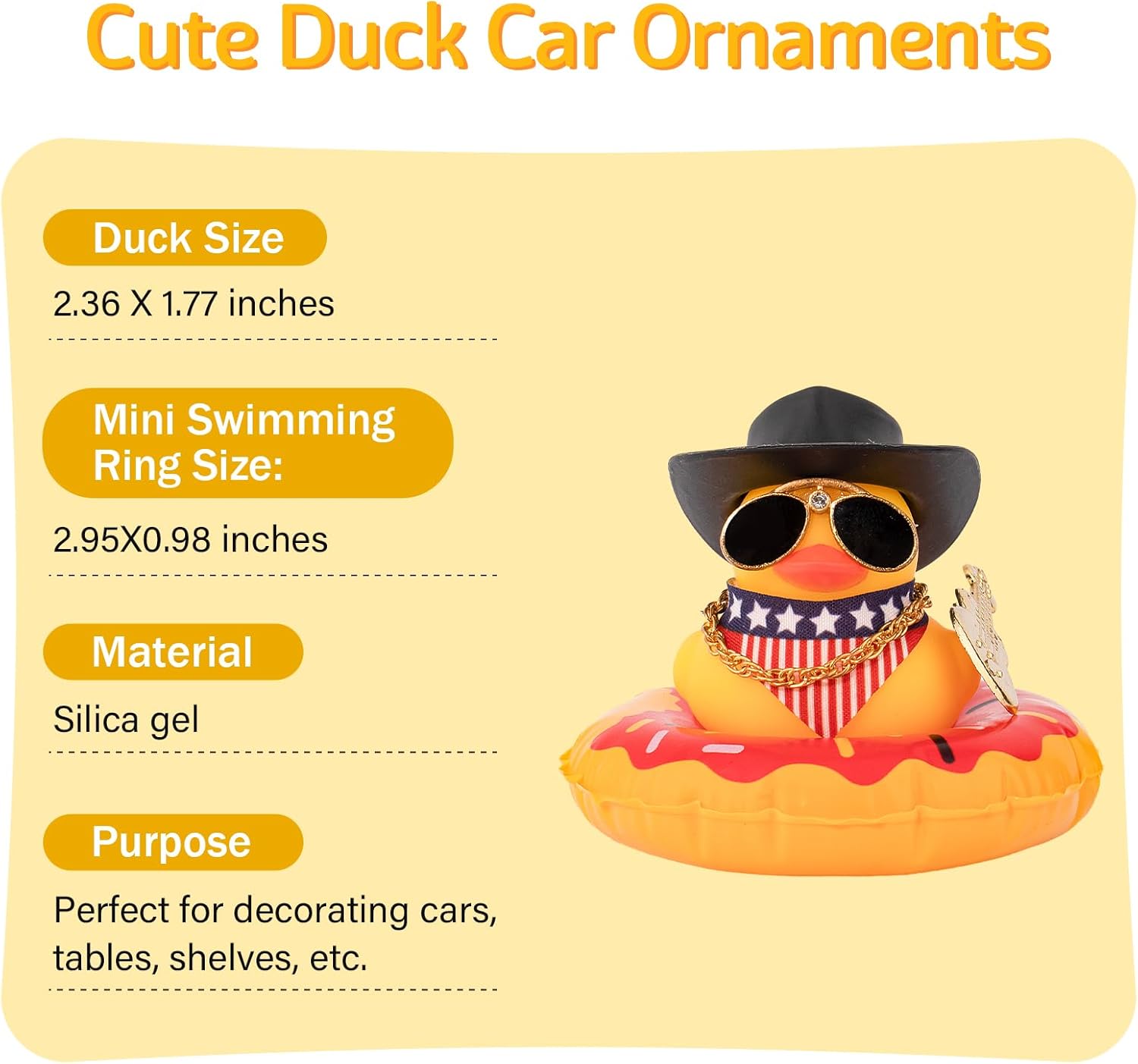 wonuu Adorno de pato para automóvil, accesorios de goma con lentes de sol, sombrero, collar, anillo de natación y mini instrumentos musicales,