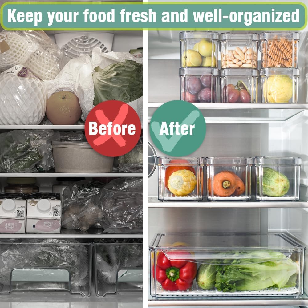 Contenedores organizadores apilables para refrigerador con tapas, organizadores y contenedores de almacenamiento, contenedores de plástico sin BPA