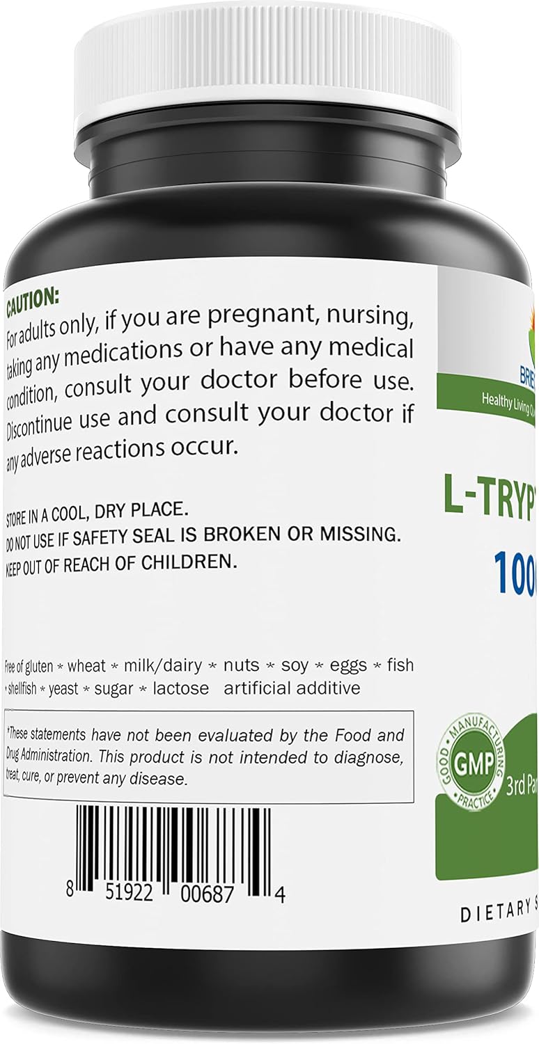 Brieofood L-triptófano 1000 mg por porción – 240 cápsulas – Apoya el estado de ánimo venenoso y la relajación
