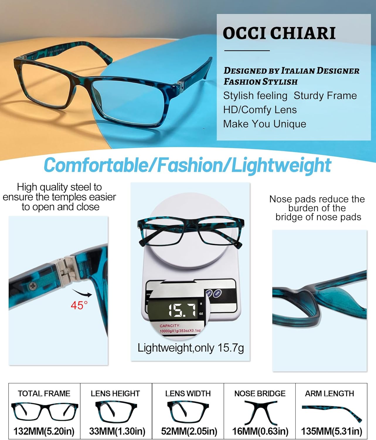 OCCI CHIARI Reading Glasses Women Fashion Readers(1.0 1.25 1.5 1.75 2.0 2.25 2.5 2.75 3.0 3.5 4.0 5.0 6.0)