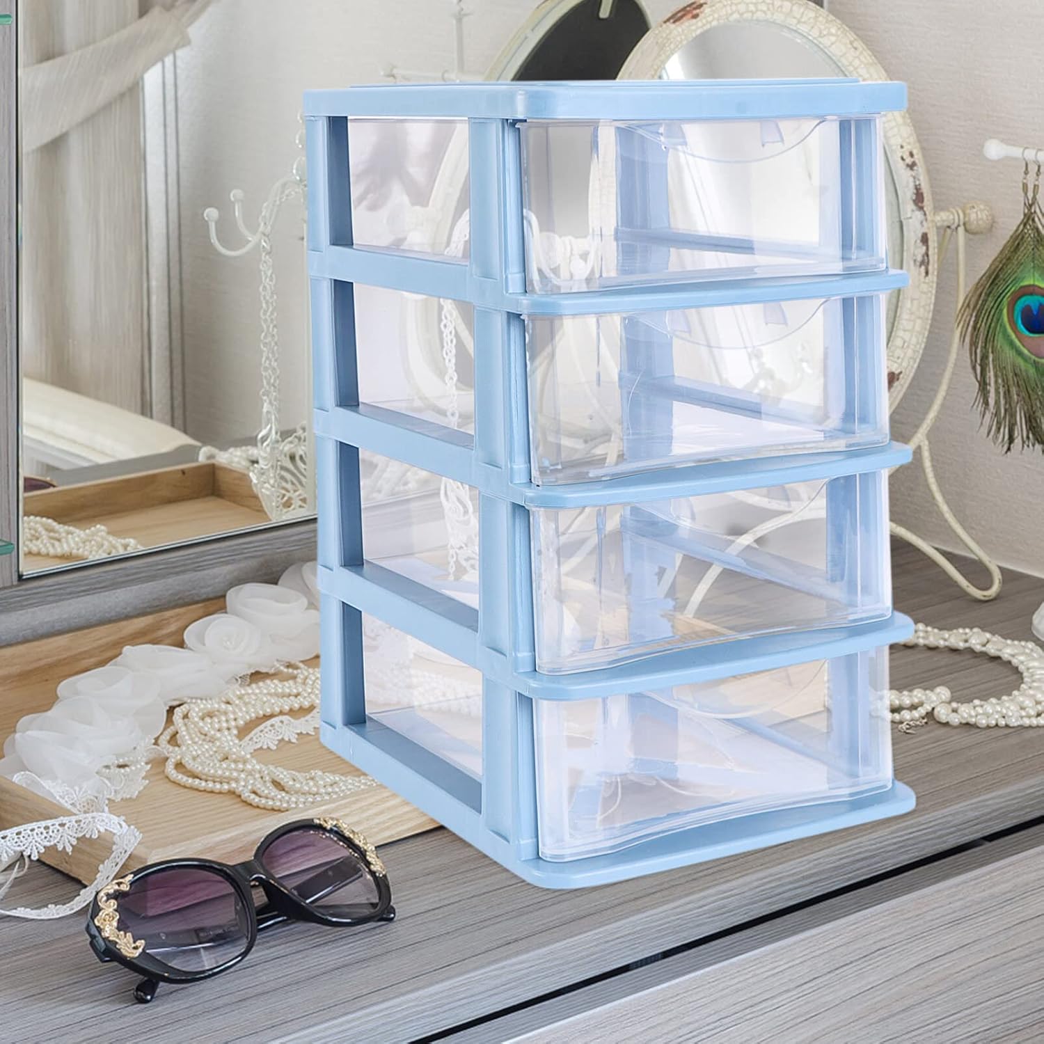 Organizador de maquillaje Cajón 1pc 3 Cajón Organizador de almacenamiento de escritorio Caja de almacenamiento de plástico azul