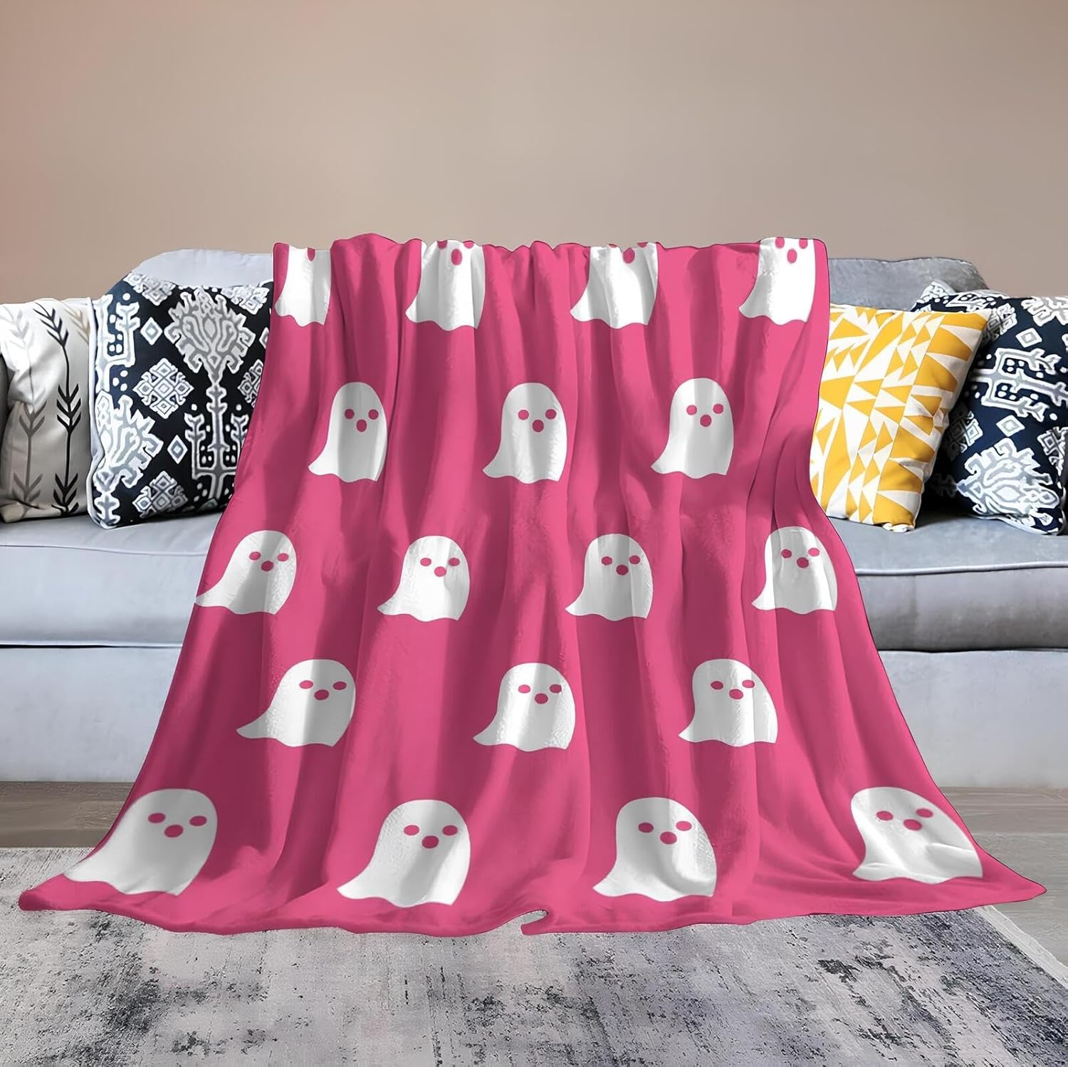 Bonita manta de fantasma rosa de Halloween súper afelpada y suave, manta de Halloween rosa para sofá, cama, manta de fantasma reversible de franela