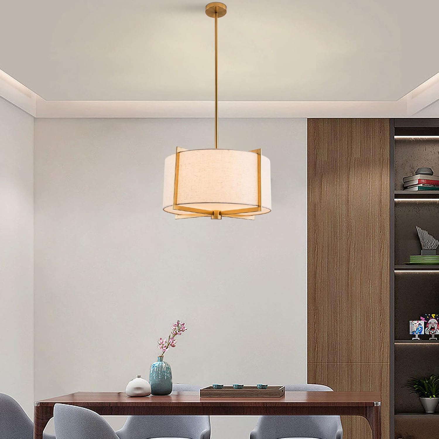 Lámpara colgante moderna de 20 pulgadas con 3 luces de tambor, lámpara colgante dorada con pantalla de tela gris plateado, altura ajustable, lámpara