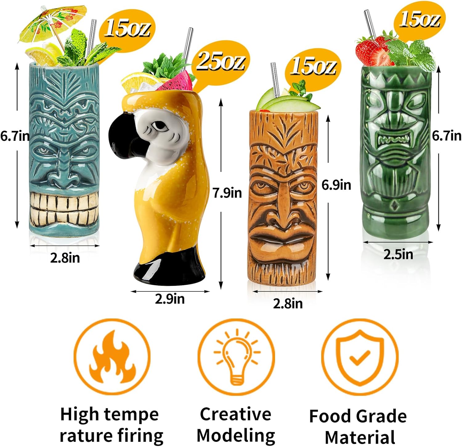 Tiki – Juego de 4 tazas de cóctel grandes hawaianas con pajitas, posavasos, jigger, colador, coctelera, púas de cóctel, Muddler, fiestas lindas