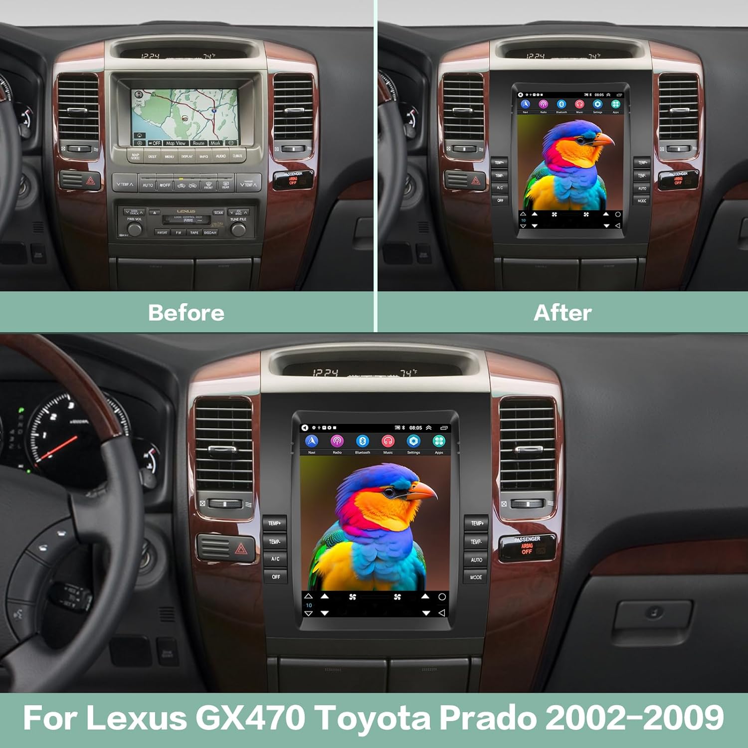 2G+64G Android 13 Radio de coche para Lexus GX470 Toyota Prado 2002-2009, pantalla táctil vertical estéreo de 9.7 pulgadas, Apple CarplayAndroid