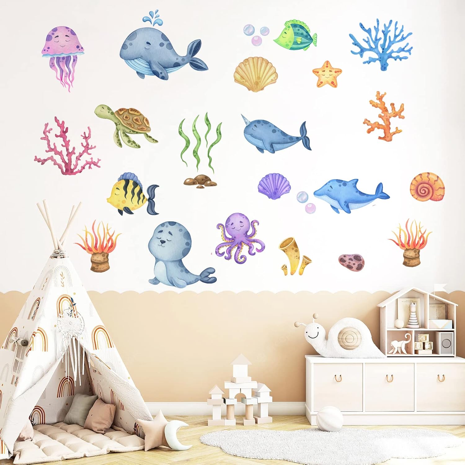 Calcomanías de pared de peces marinos, calcomanías de pared de océano, decoración de pared removible de bricolaje, arte mural de vinilo para niños,