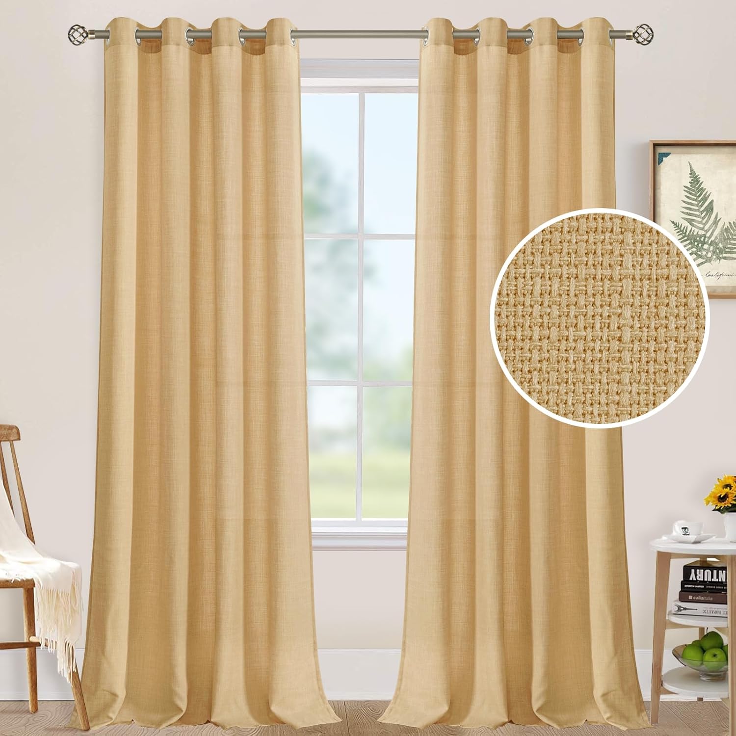 LAMIT Cortinas de lino marrón caramelo para sala de estar, 84 pulgadas, de lino sintético, texturizado, filtrante de luz, paneles de privacidad con