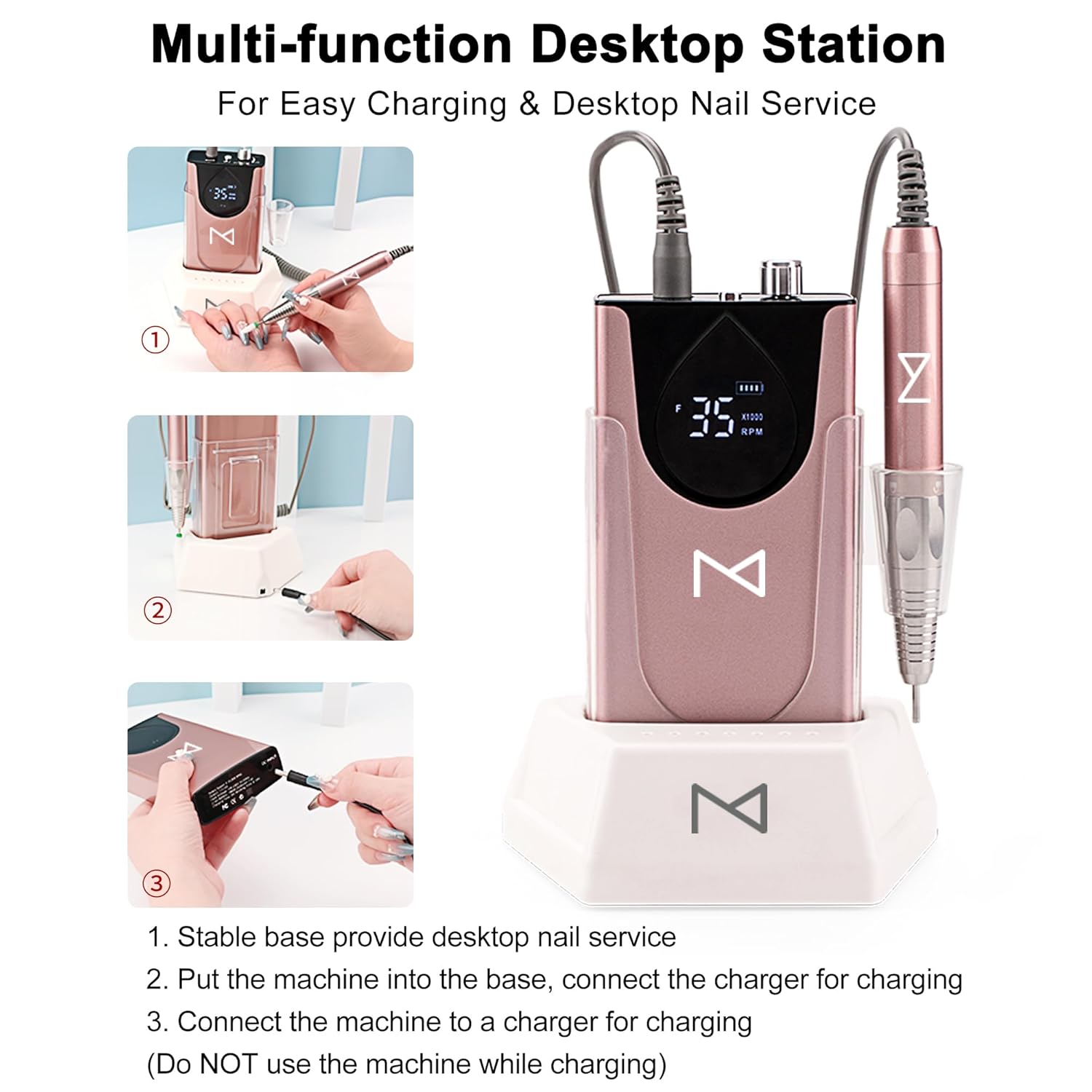 M Max – Taladro de uñas profesional – Lima de uñas con motor sin escobillas 2 en 1 – Carcasa eléctrica, inalámbrica, de aleación de aluminio, 35000
