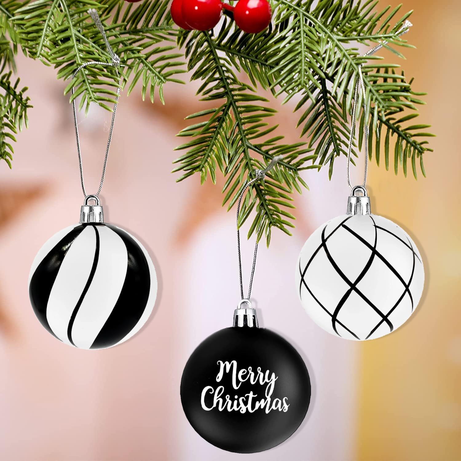 12 bolas de invierno de copos de nieve en blanco y negro, bolas colgantes de Feliz Navidad, HOHOHO, vacaciones, reno, granja, adornos de Navidad,