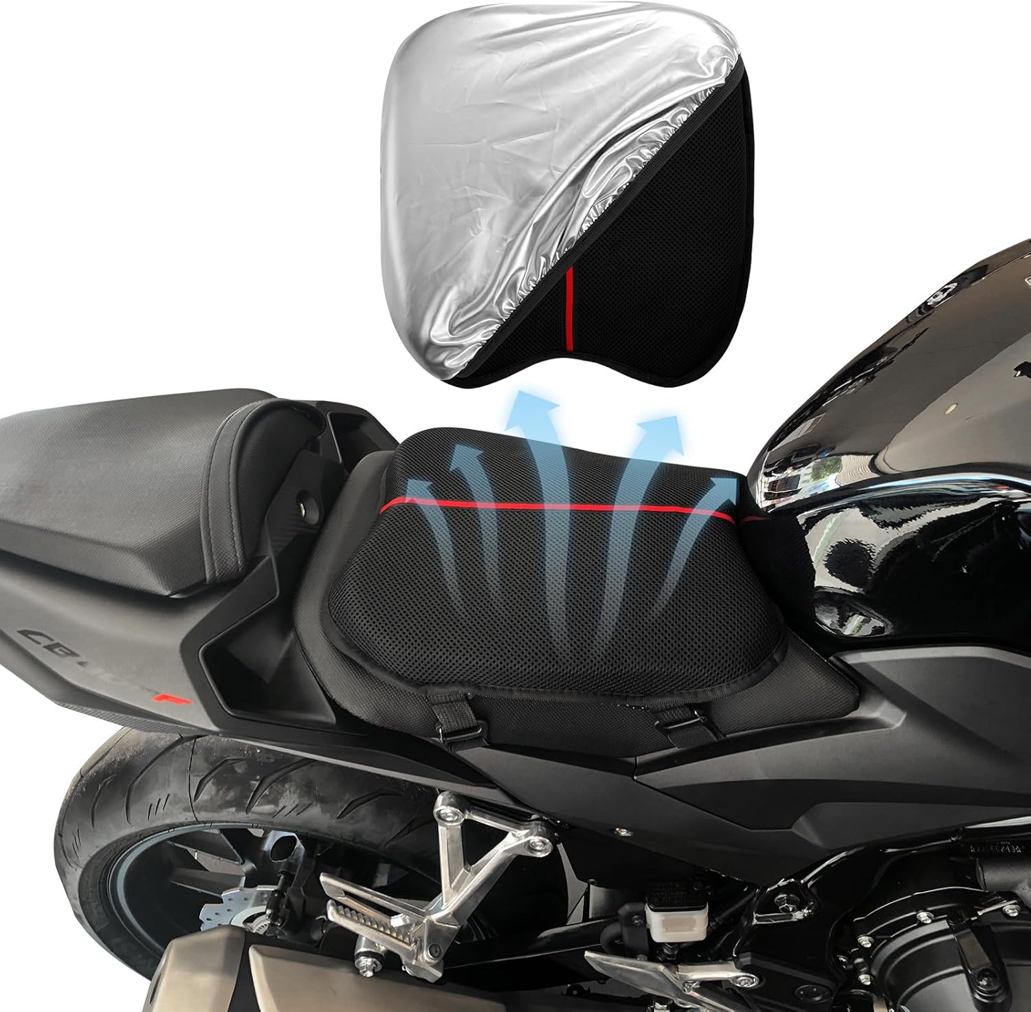 Cojín de asiento de gel para motocicleta con almohadilla de asiento, funda de asiento grande de panal 3D, transpirable, absorción de impactos que
