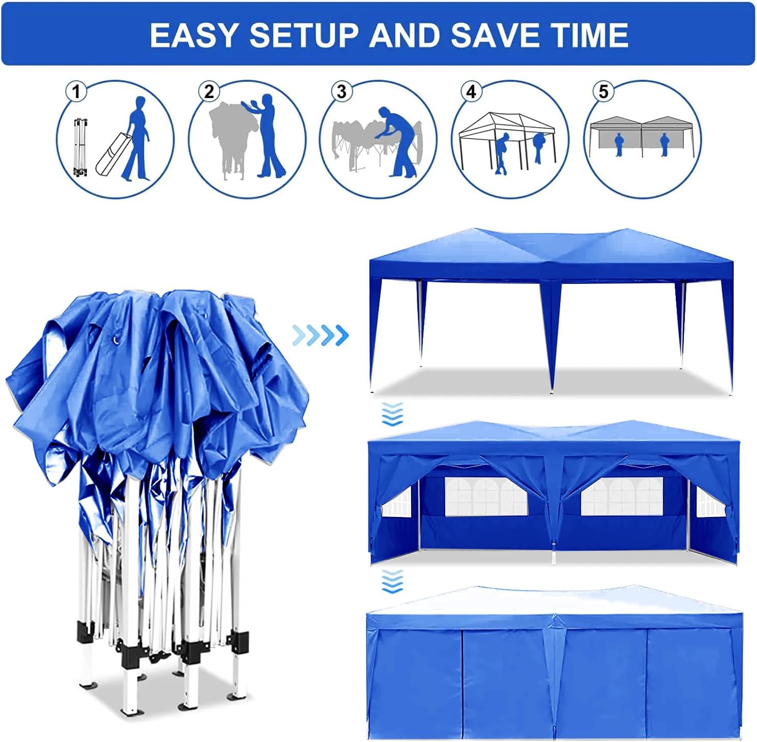 Carpa plegable de 10 x 20 pies, impermeable, comercial, portátil, portátil, color azul