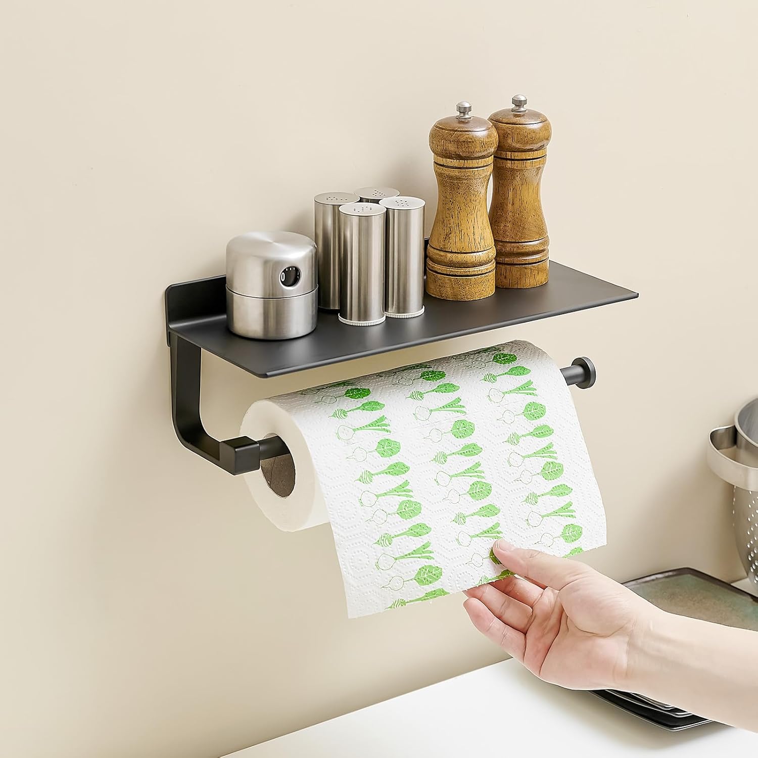Soporte de pared para toallas de papel, para baño, toallero de mano para baño, soporte para toallas de papel negro con estante (negro mate)
