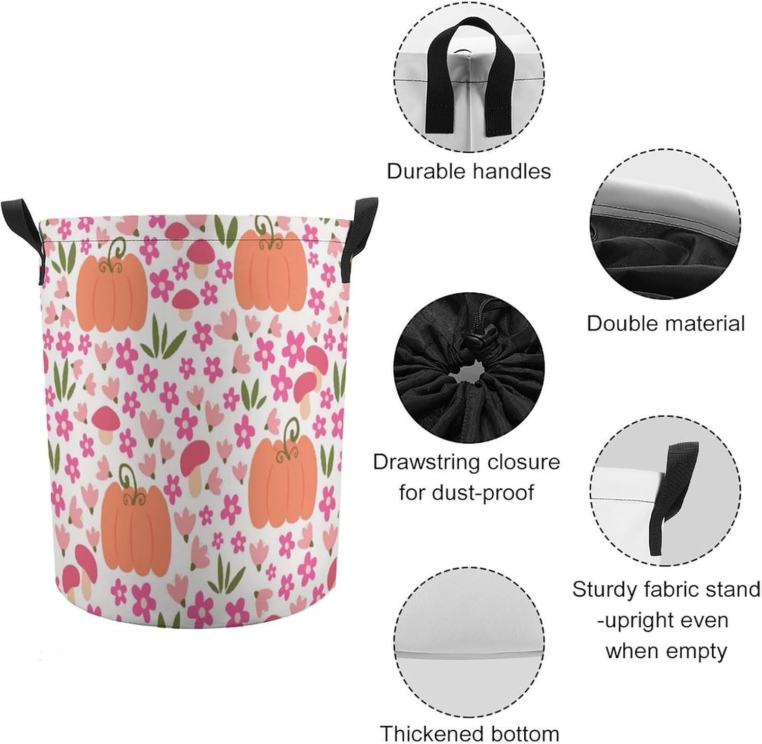 Cute Pink Pumpkin Flowers Laundry Basket with Drawstring Colorful Waterproof Collapsible Dirty Clothes Hamper Storage Baskets for Bathroom Dorm Toy