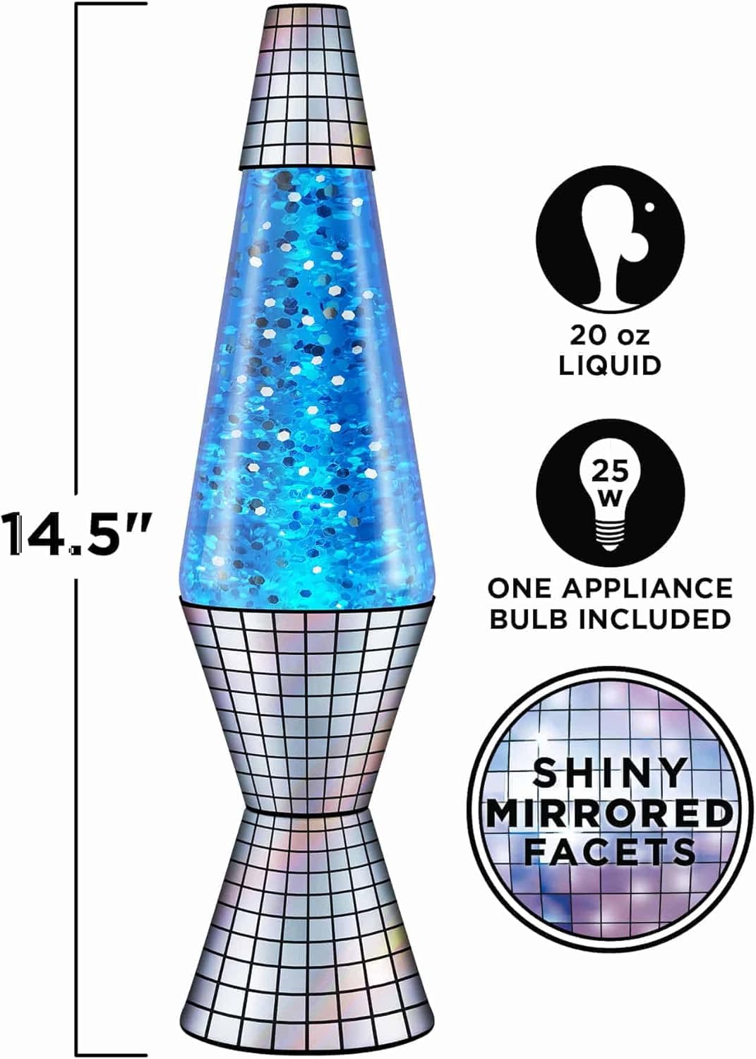 Lava Lámpara  Base Reflectante de Fiebre Disco de 14.5”  La Luz de Movimiento Original  Brillo Plateado y Líquido Azul  Artículo 2016