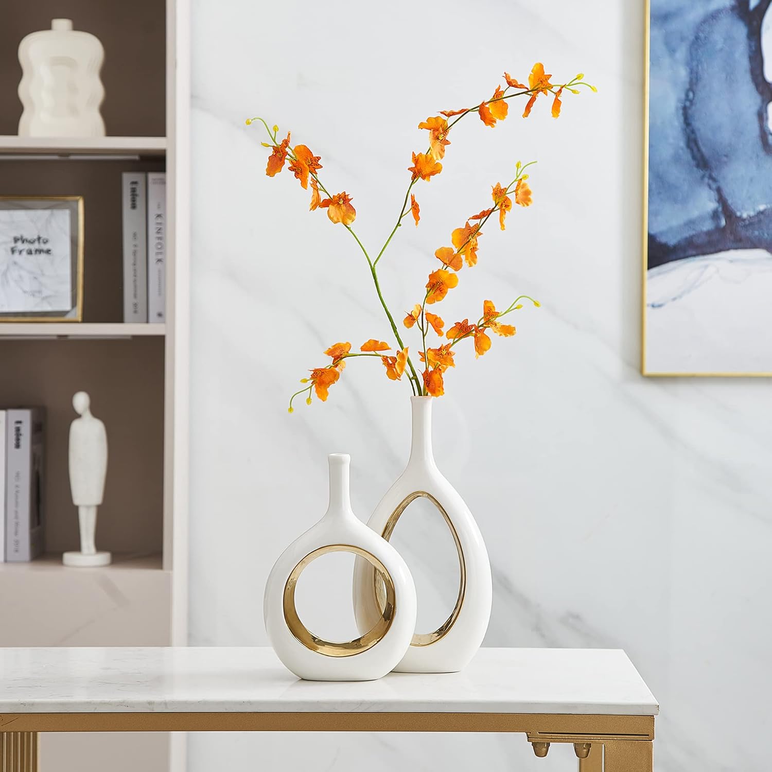 White Ceramic Vase Set 2 for Modern Home Decor, Hollow Round Flower Vases for Decor, Donut Vase, Pampas Grass Vase, Minimalism Decor for Wedding