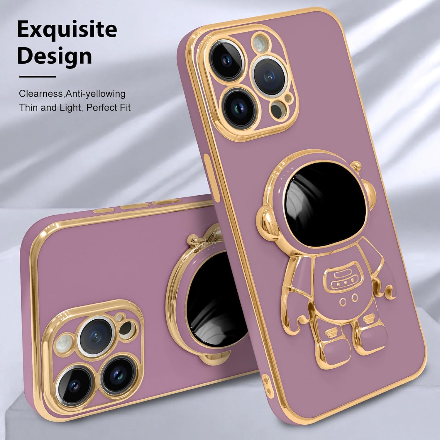 MZELQ Funda compatible con iPhone 15 Pro Max con diseño de astronauta chapado en función de atril y protector de pantalla para teléfono de lujo,