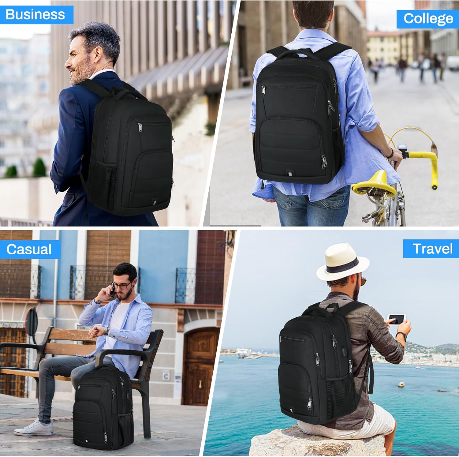 RAINSMORE Mochila para laptop de 15.6 pulgadas, mochila de viaje grande para hombres y mujeres, mochila impermeable para computadora, mochila de