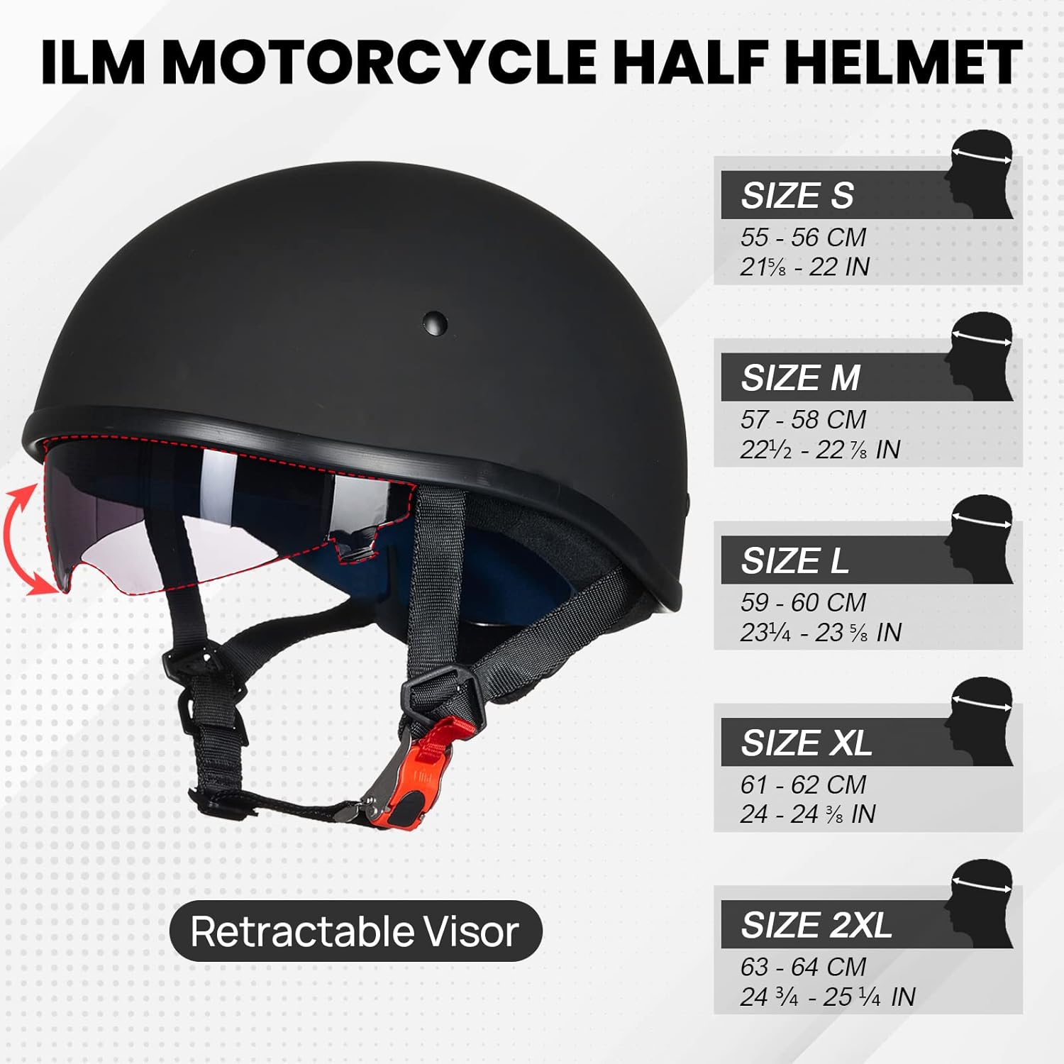 ILM Medio casco de motocicleta con protector solar correa de liberación rápida media cara para Cruiser Scooter aprobado por DOT 883V