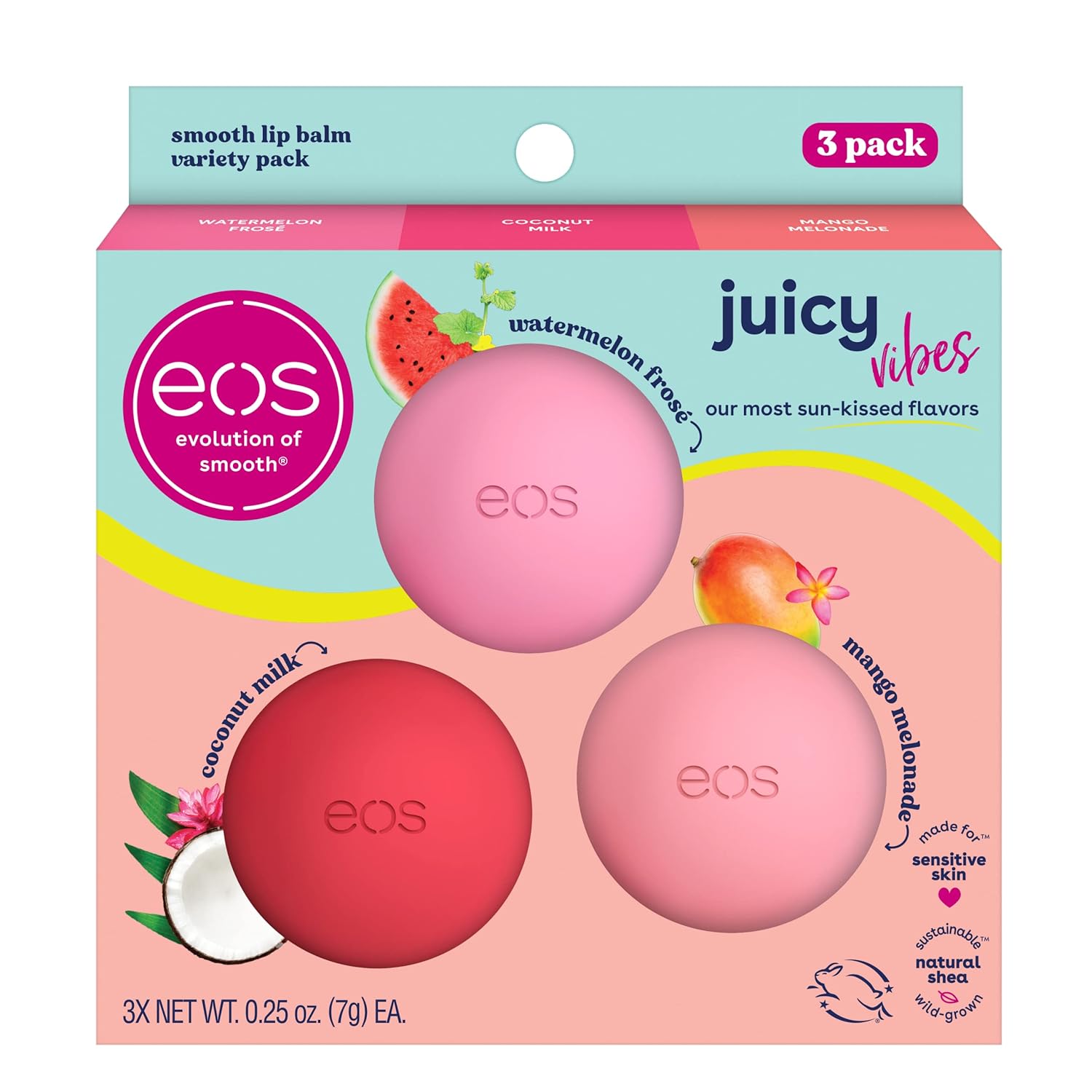 eos Juicy Vibes – Paquete variado de bálsamo labial sabores Sandía rosé, Melonada de mango y Leche de coco, humectan todo el día, productos para