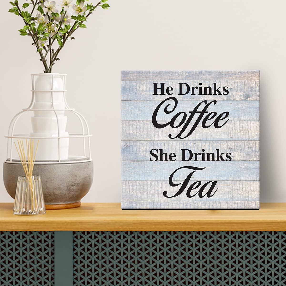 He Drinks Coffee She Drinks Tea Impresiones en lienzo para decoración de pared, letrero de escritorio para amantes del café, té, póster, pintura