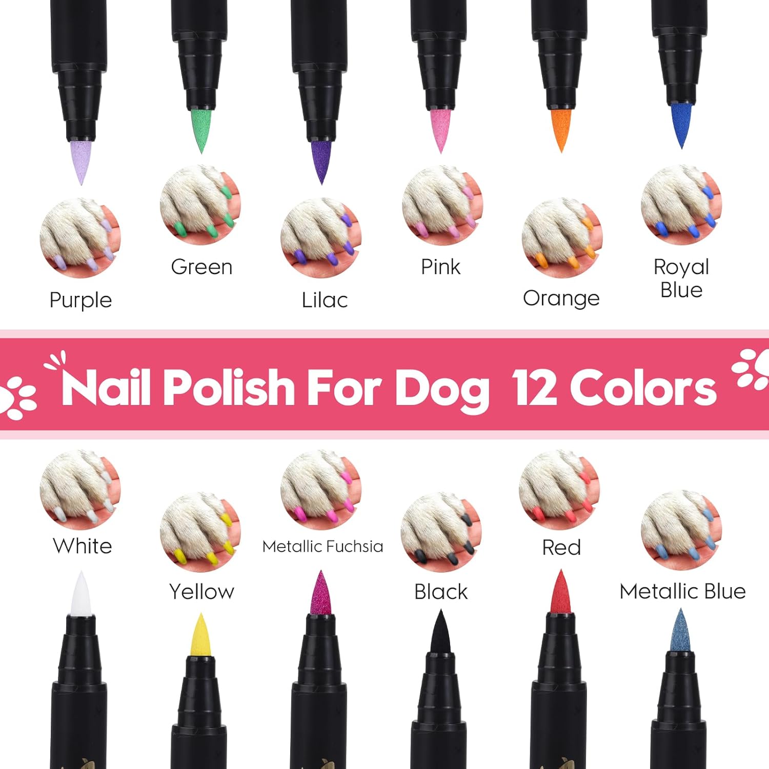 MSDADA Bolígrafos de esmalte de uñas para perros de secado rápido, juego de esmaltes de uñas de 12 colores para perros, seguro y sin olor, kit de