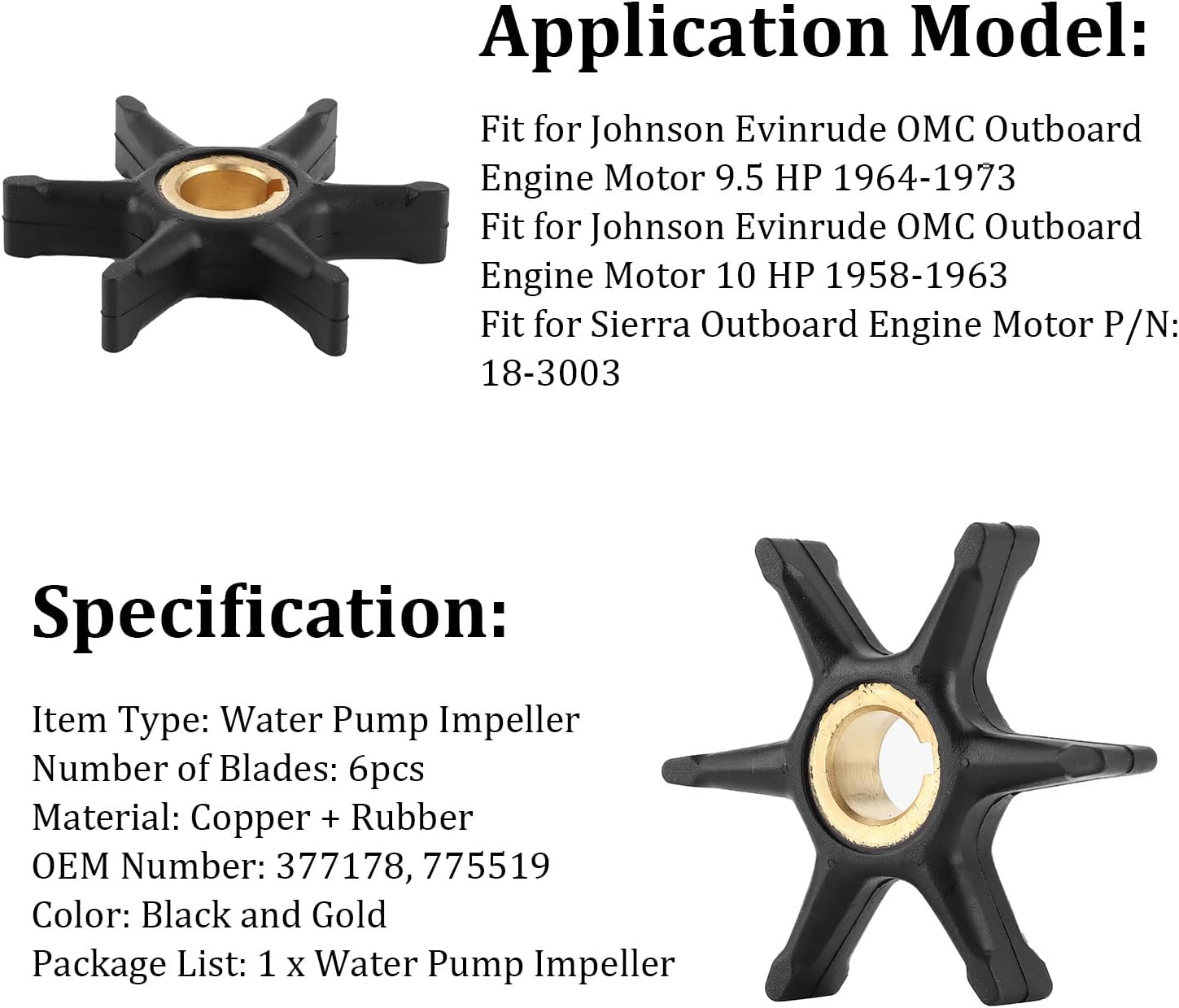 Impulsor de bomba de agua, 377178 775519 18-3003, impulsor marino fuera de borda de goma de cobre apto para motor fuera de borda Johnson Evinrude