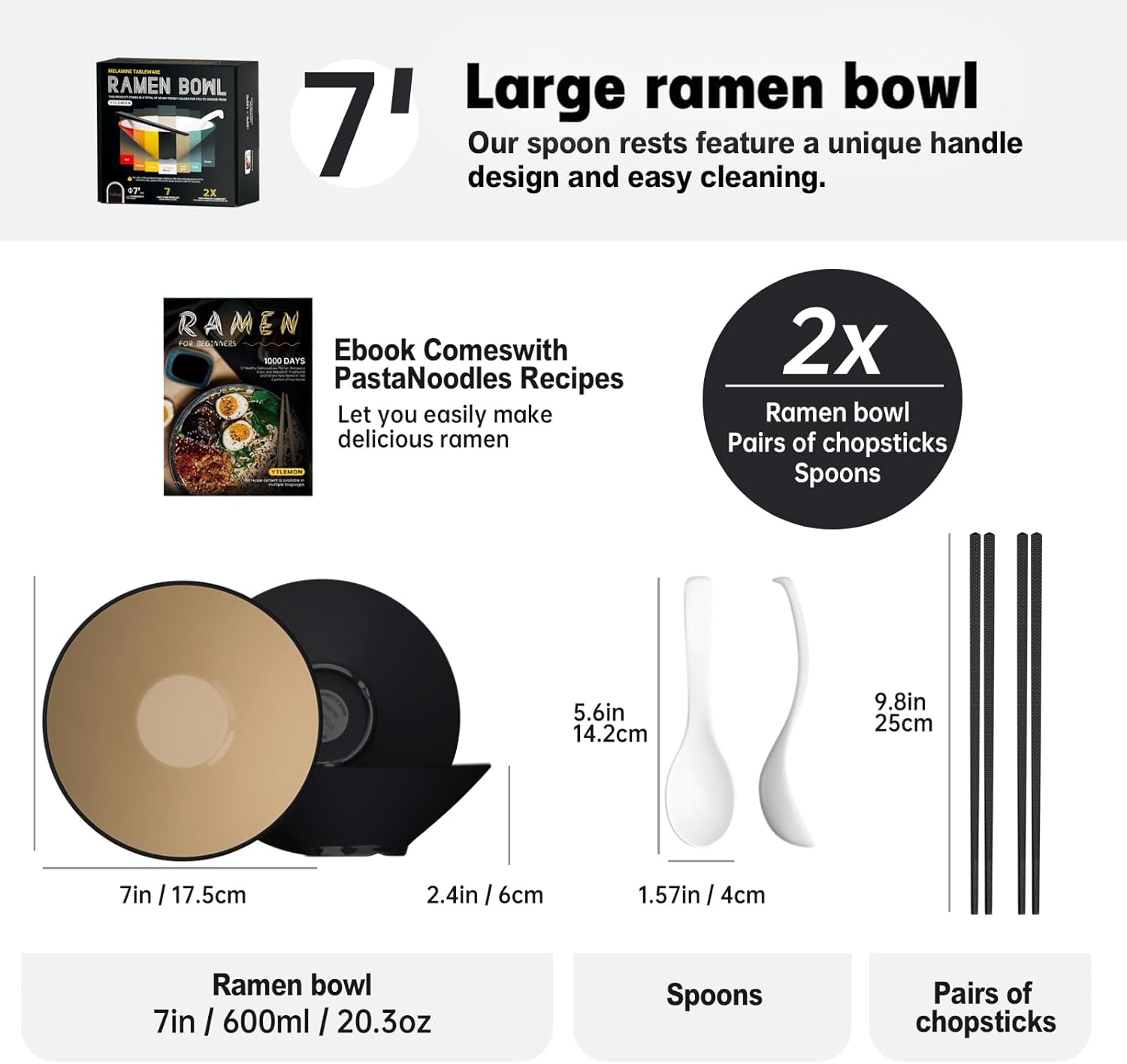 Juego de cuencos de plástico para ramen, 2 juegos de 20 onzas de doble cara a juego con palillos y cucharas para cereales de ensalada, vajilla