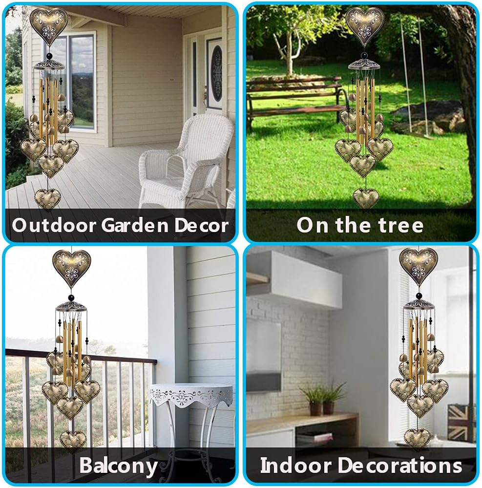 Campanillas de viento con forma de corazón para decoración interior y exterior, con 4 tubos, 6 campanas, 7 corazones, captador de viento romántico