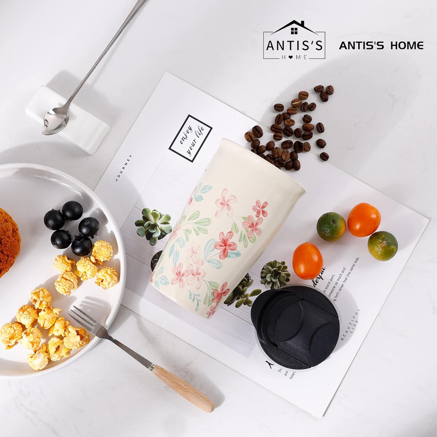 ANTIS’S HOME Taza de viaje de cerámica con tapa, taza de café de doble pared con patrón de flores, vaso de café de 10 onzas, taza alta reutilizable,