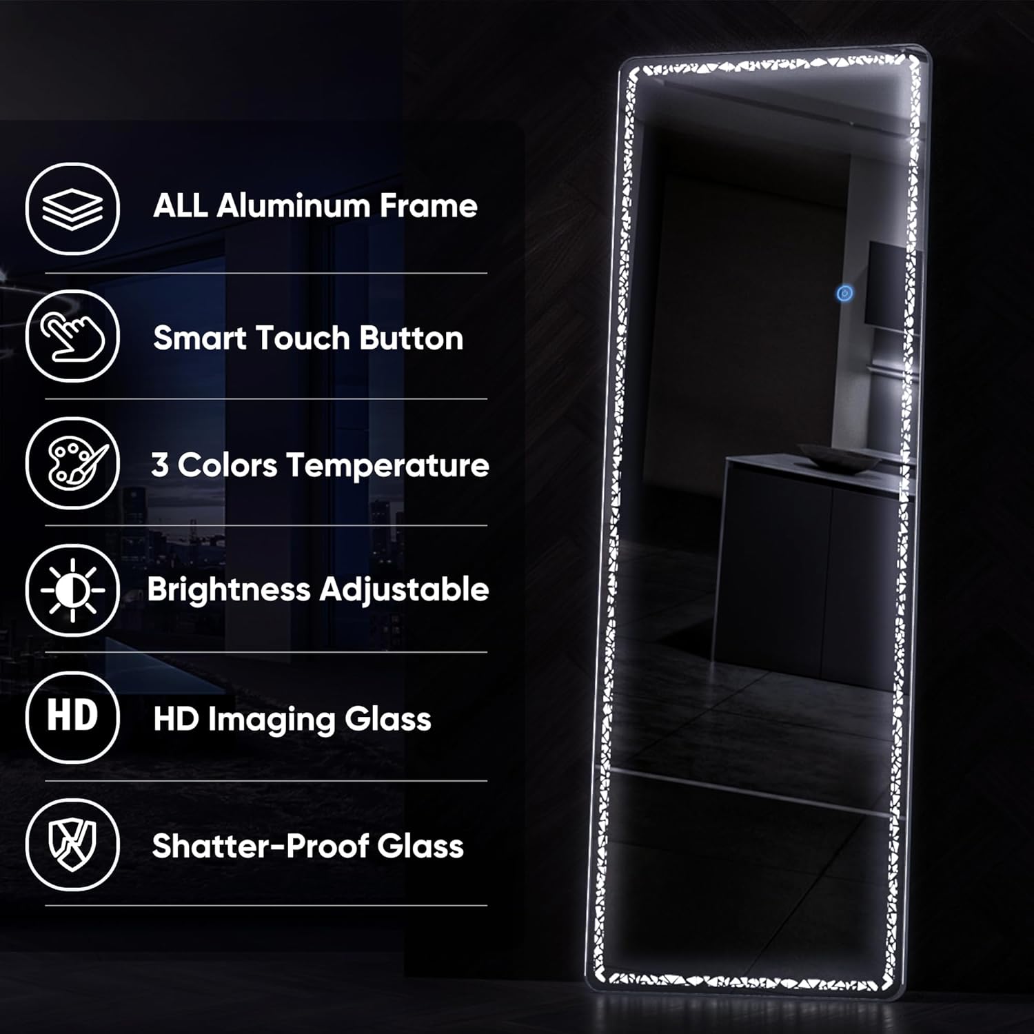 Espejo LED de longitud completa, 64 x 21 pulgadas, espejo LED iluminado de pie de longitud completa con patrón triangular, espejo colgante montado
