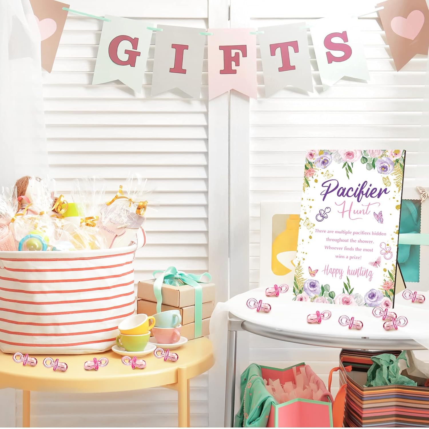 51 juegos geniales para baby shower, incluyen letrero de caza de chupete de mariposa y 50 chupetes acrílicos para bebé, mini chupetes para fiesta de