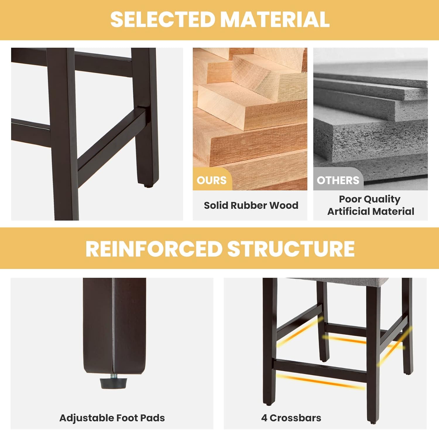 COSTWAY Juego de 4 taburetes de bar, sillas tapizadas de lino con patas de madera de goma maciza, sillas de bar de madera para isla de cocina de 25