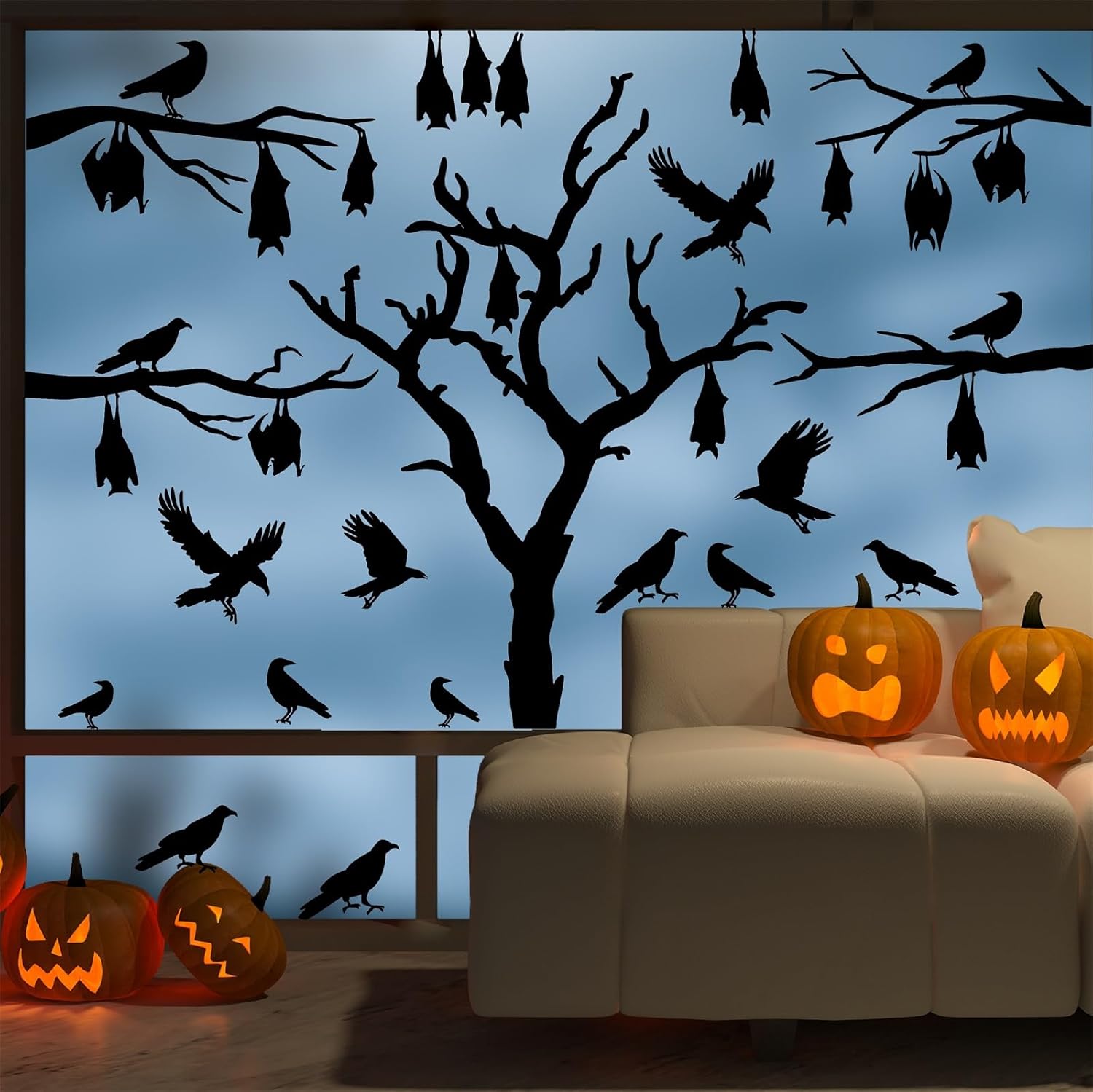 Calcomanías grandes para ventana de Halloween, árbol de Halloween, calcomanías de pared de murciélagos, calcomanías de cuervo de pájaro negro,