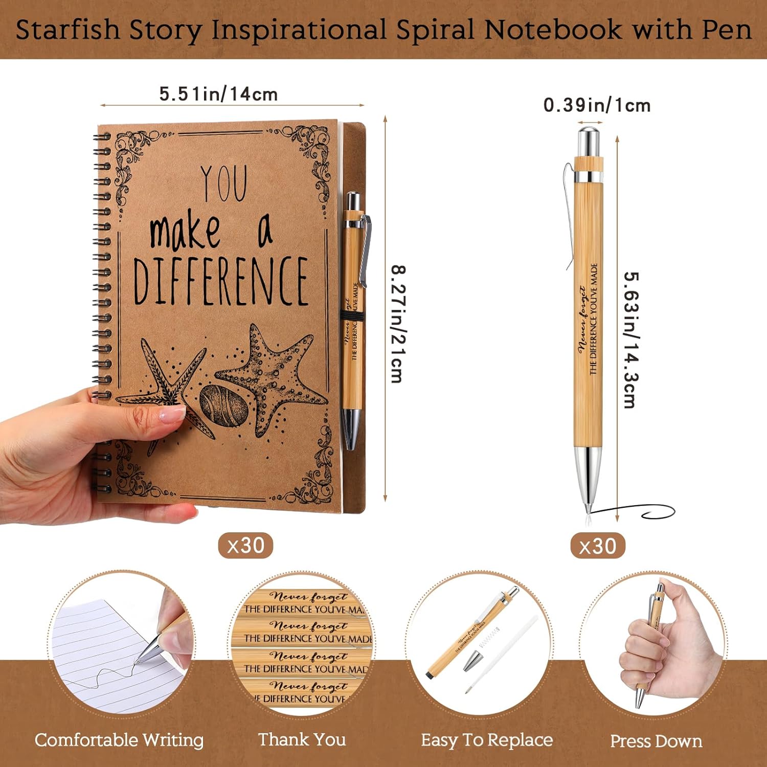 Regalos de agradecimiento, cuaderno en espiral, regalos de graduación You Make a Difference, diario inspirador de estrellas de mar con bolígrafo de