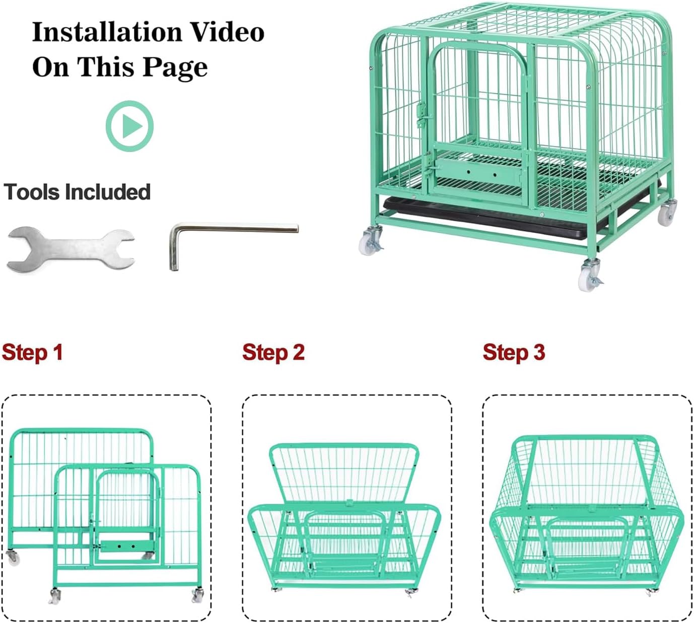 Jaula resistente para perros de metal verde fuerte con ruedas bloqueables y bandeja para perros pequeños de interior, 26 x 17 x 22 pulgadas