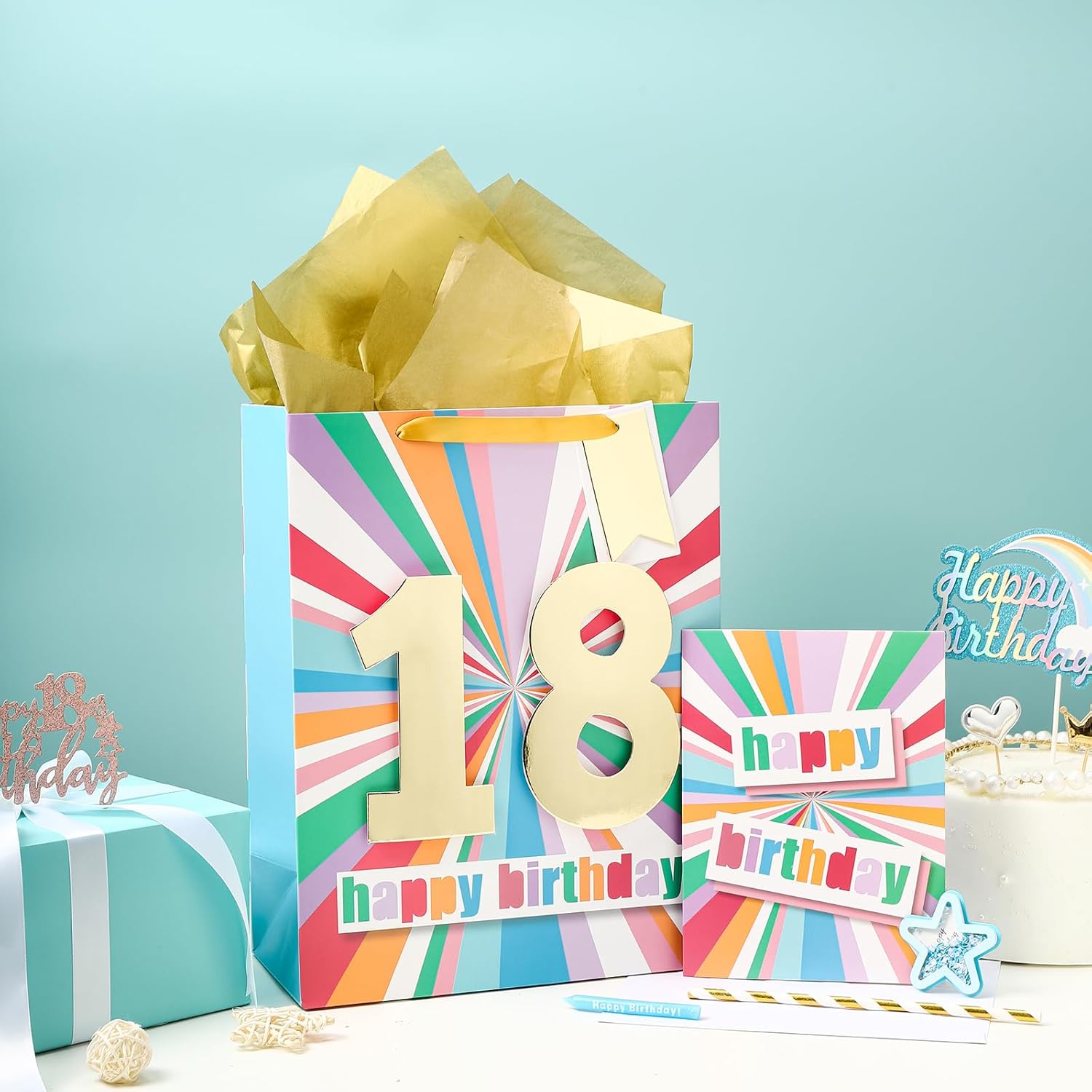 WRAPAHOLIC Bolsa de regalo de cumpleaños grande de 13 pulgadas con tarjeta y papel de seda – 18 cumpleaños