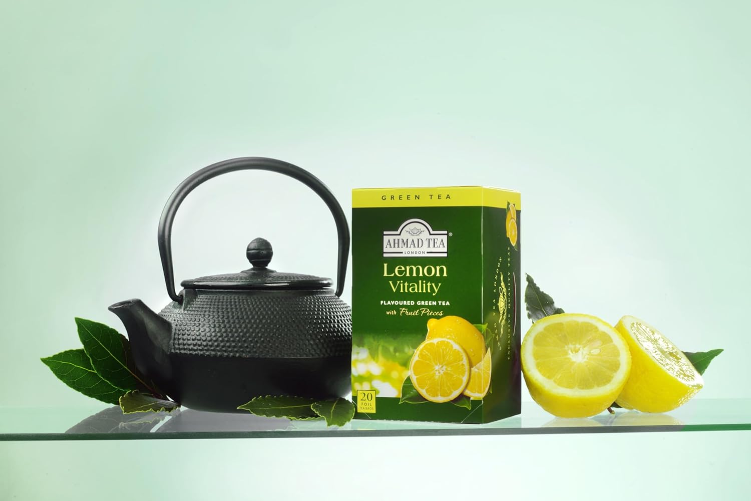 Té inglés, té verde limón” – Etiquetado y bolsas de té envueltas en papel de aluminio