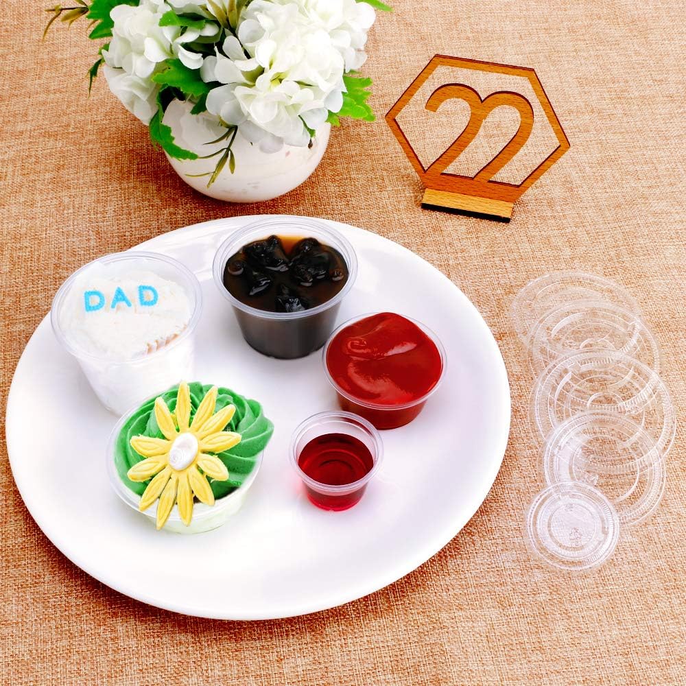 TashiBox 100 juegos de vasos desechables de plástico con tapas, porción de soufflé, aderezo para ensalada de salsa, tazas de condimentos, paquete de