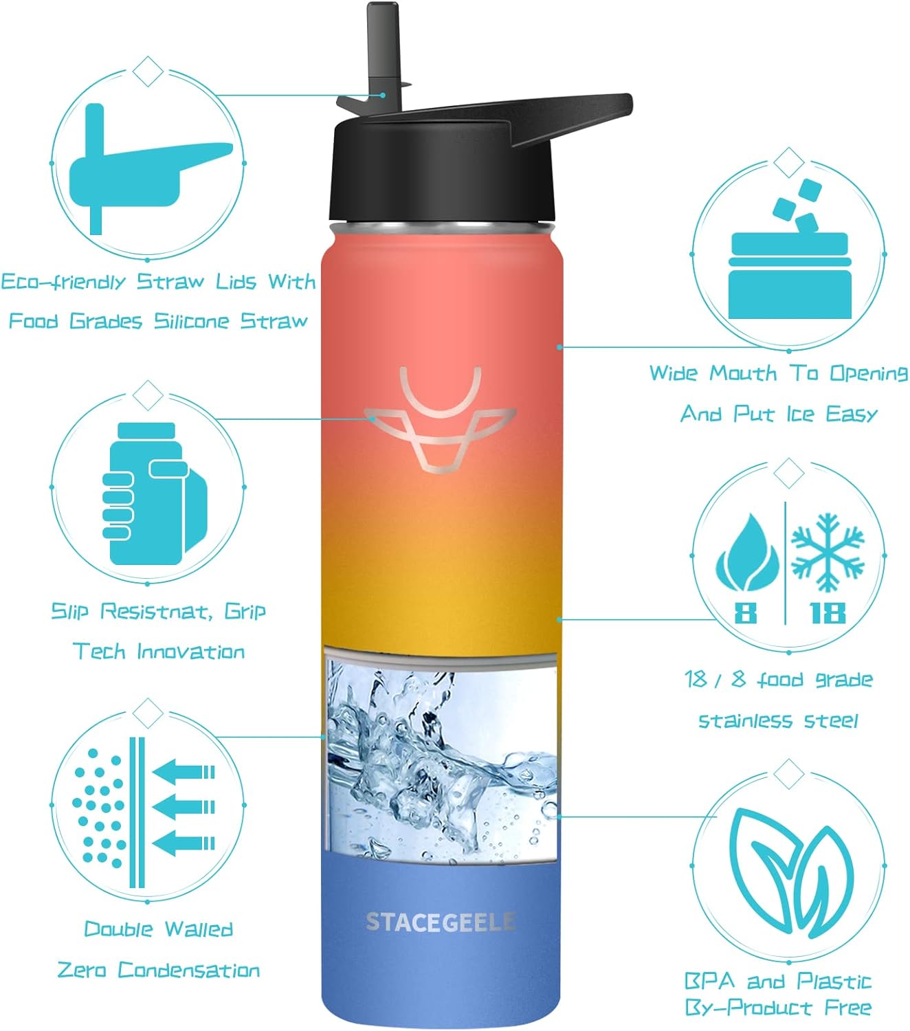 STACEGEELE Botella de agua aislada al vacío con tapa de boquilla y rosca en la parte superior, termo de acero inoxidable para niños, a prueba de