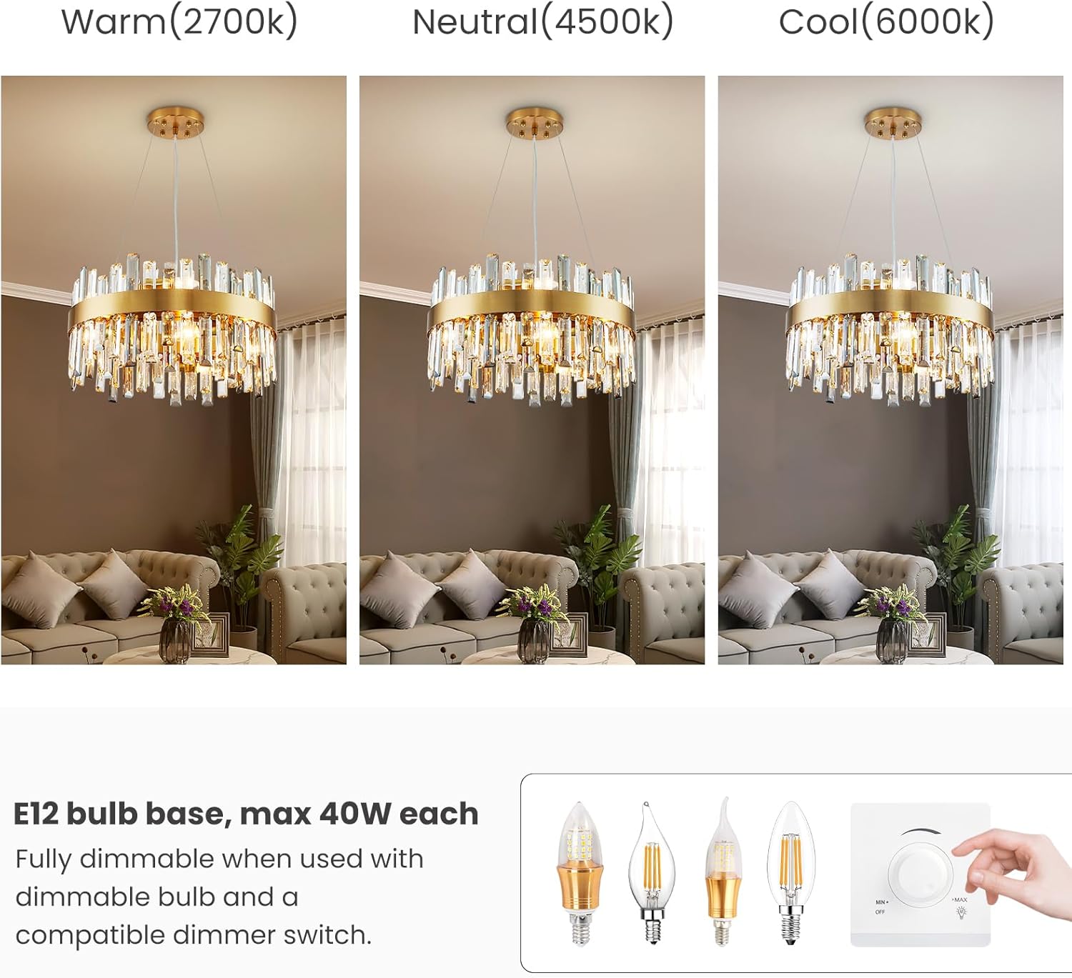 NOXARTE Candelabro redondo de cristal de lujo de 19.7 pulgadas, lámpara colgante moderna con alambre ajustable, lámpara dorada para comedor, sala de