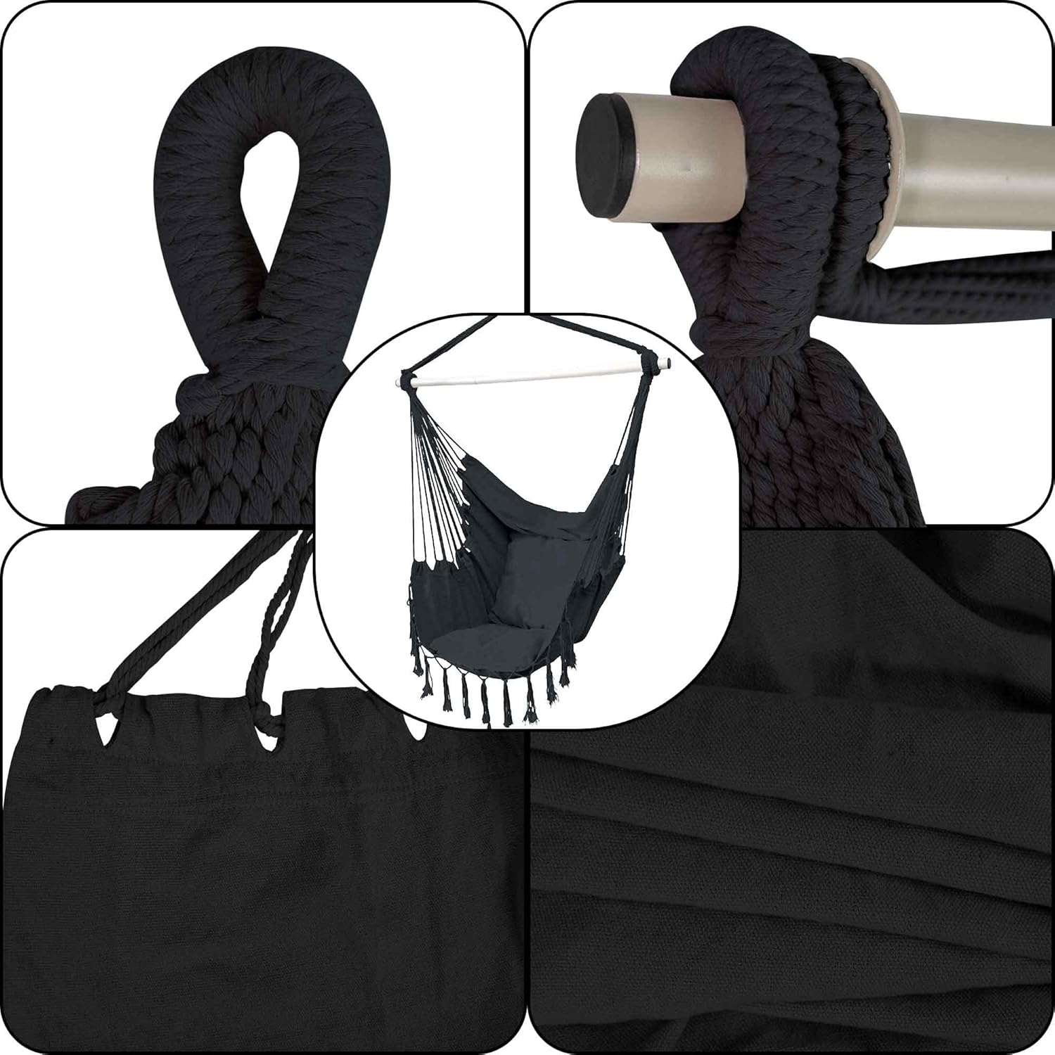 Silla hamaca colgante de cuerda para colgar, máximo 450 libras, 2 cojines incluidos, silla colgante grande de macramé con bolsillo y kits de