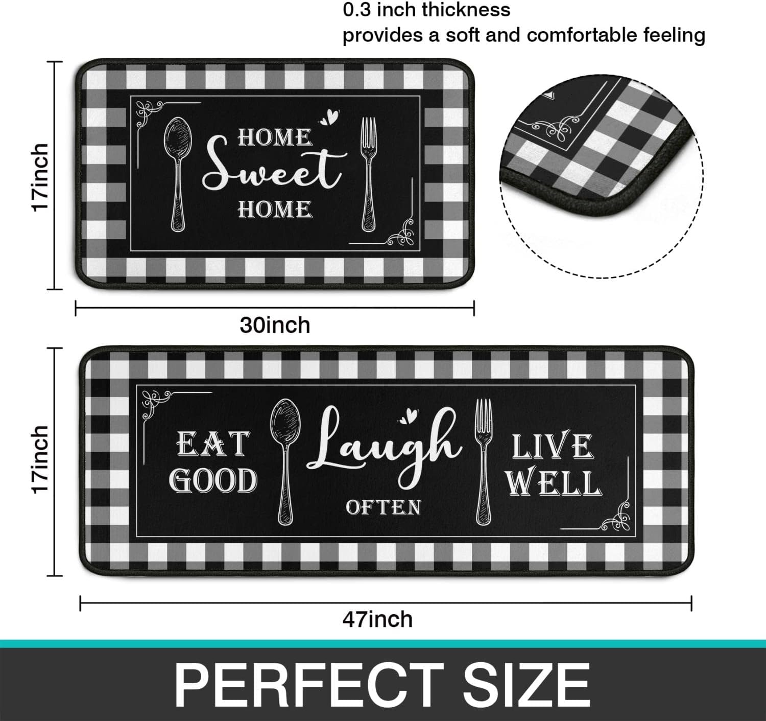 Juego de 2 alfombras de cocina a cuadros blancos y negros, antideslizantes, lavables, absorbentes, de microfibra, para el suelo, 17 x 47 + 17 x 30