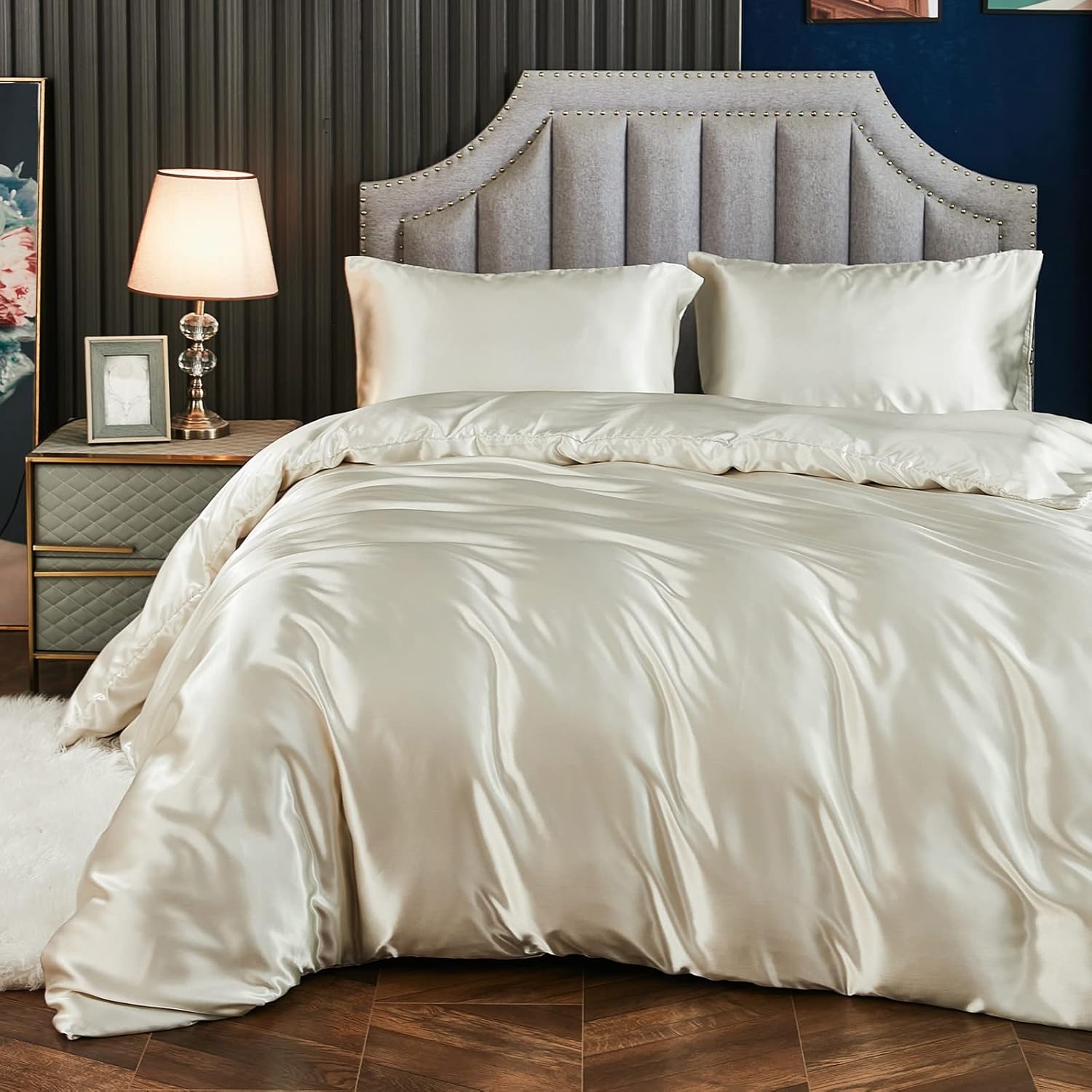 Juego de funda de edredón de satén beige crema, ropa de cama sedosa de lujo, ropa de cama sedosa de microfibra beige y gris, juego de ropa de cama