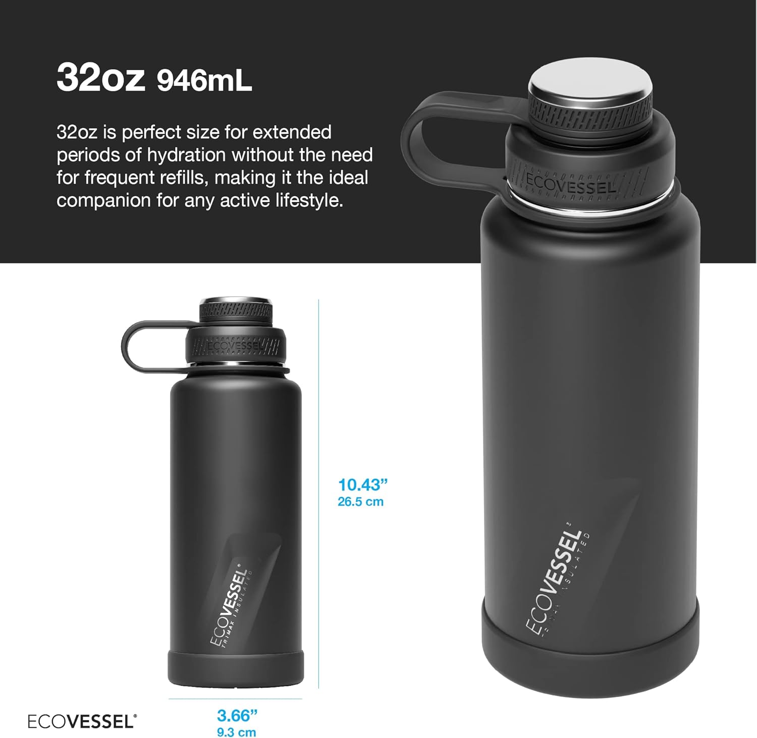 EcoVessel Botella de agua de acero inoxidable con tapa doble aislada, botella de agua aislada con colador y parachoques de botella de silicona, taza