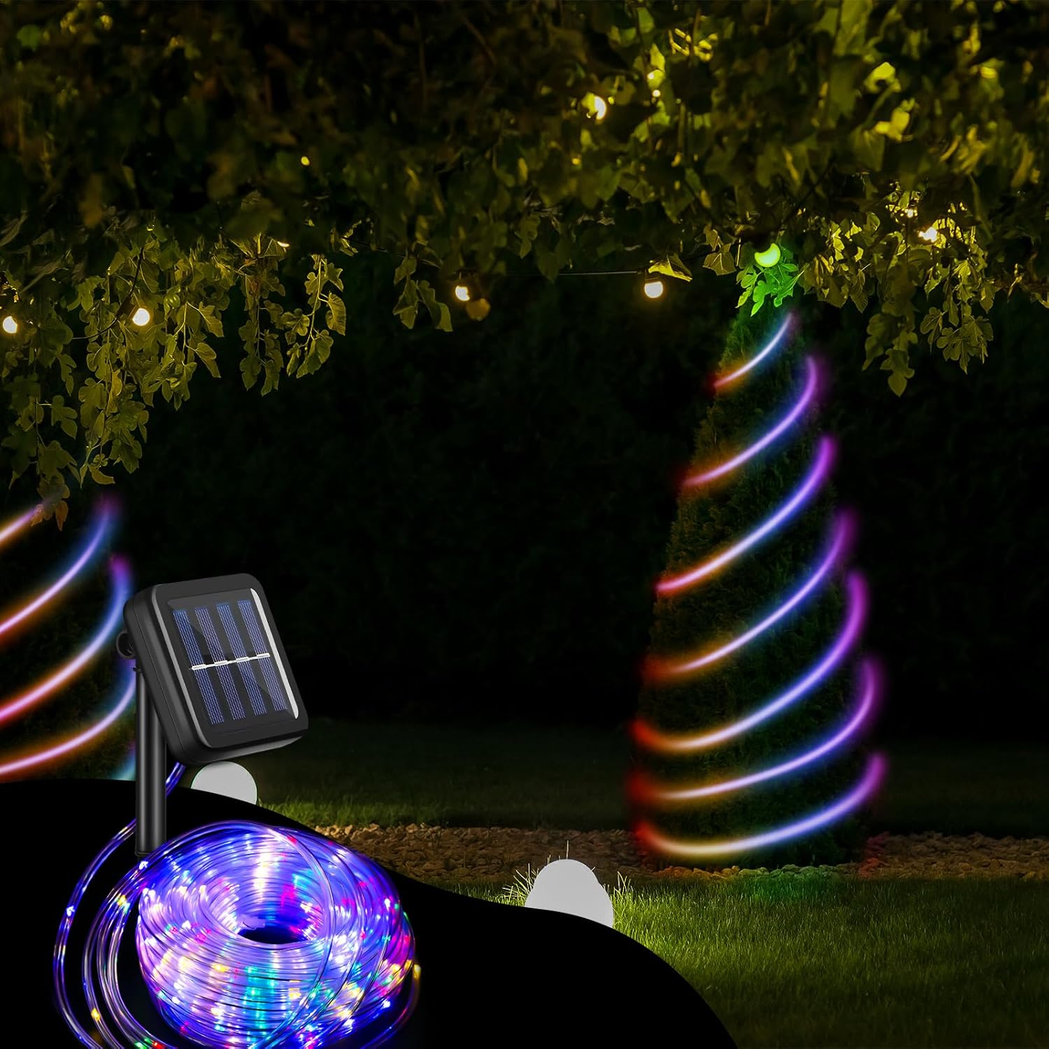 2 tiras de luces solares de 300 LED de 100 pies cada una para exteriores, impermeables, para campamento, 8 modos de iluminación, tubo de PVC