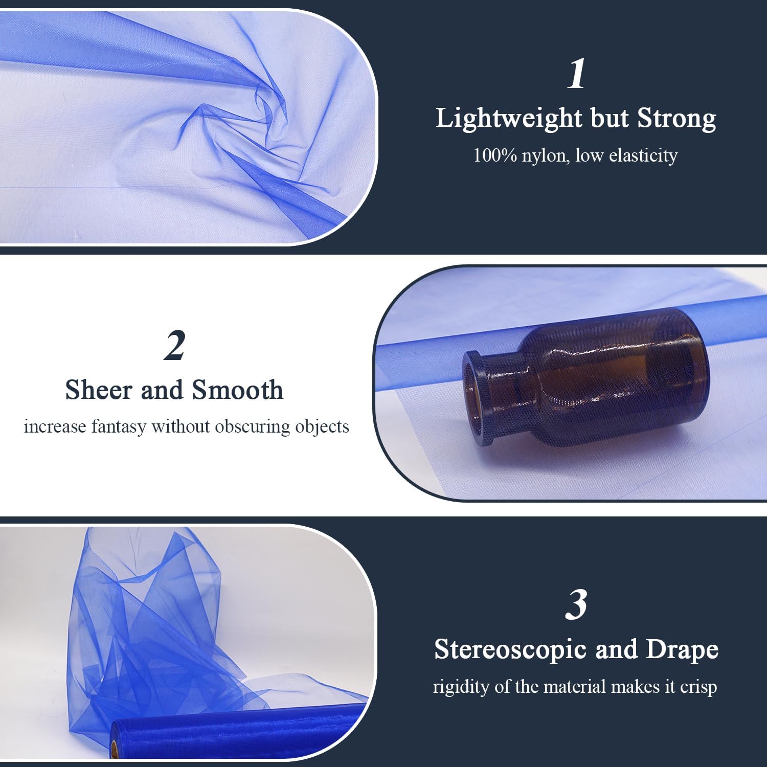Rollos de tela de tul de organza azul real, organza de cristal de 12 pulgadas por 50 yardas (150 pies), perno de red de nailon transparente sedoso