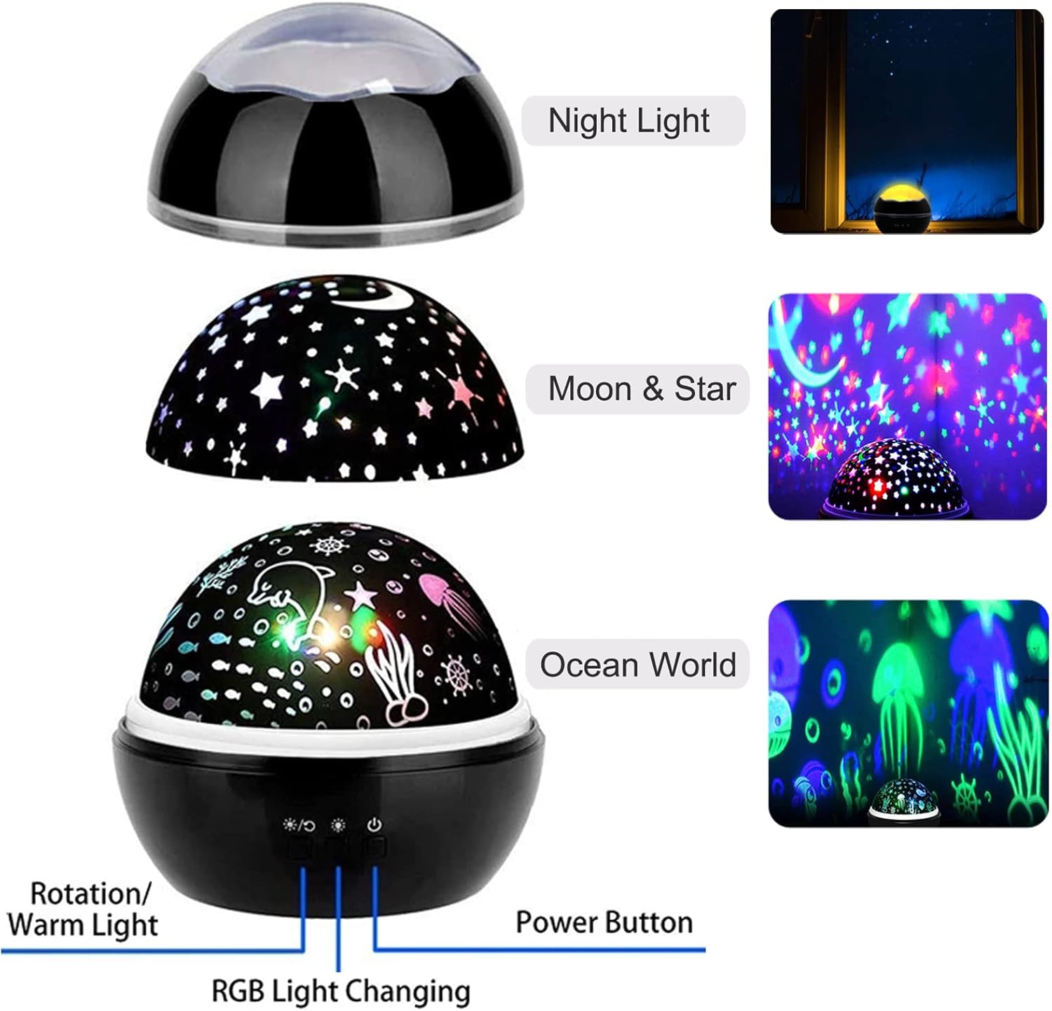 Proyector de luz nocturna de rotación de 360 grados para niños, proyector de luna y estrella, luz nocturna de 8 colores cambiantes, luces nocturnas